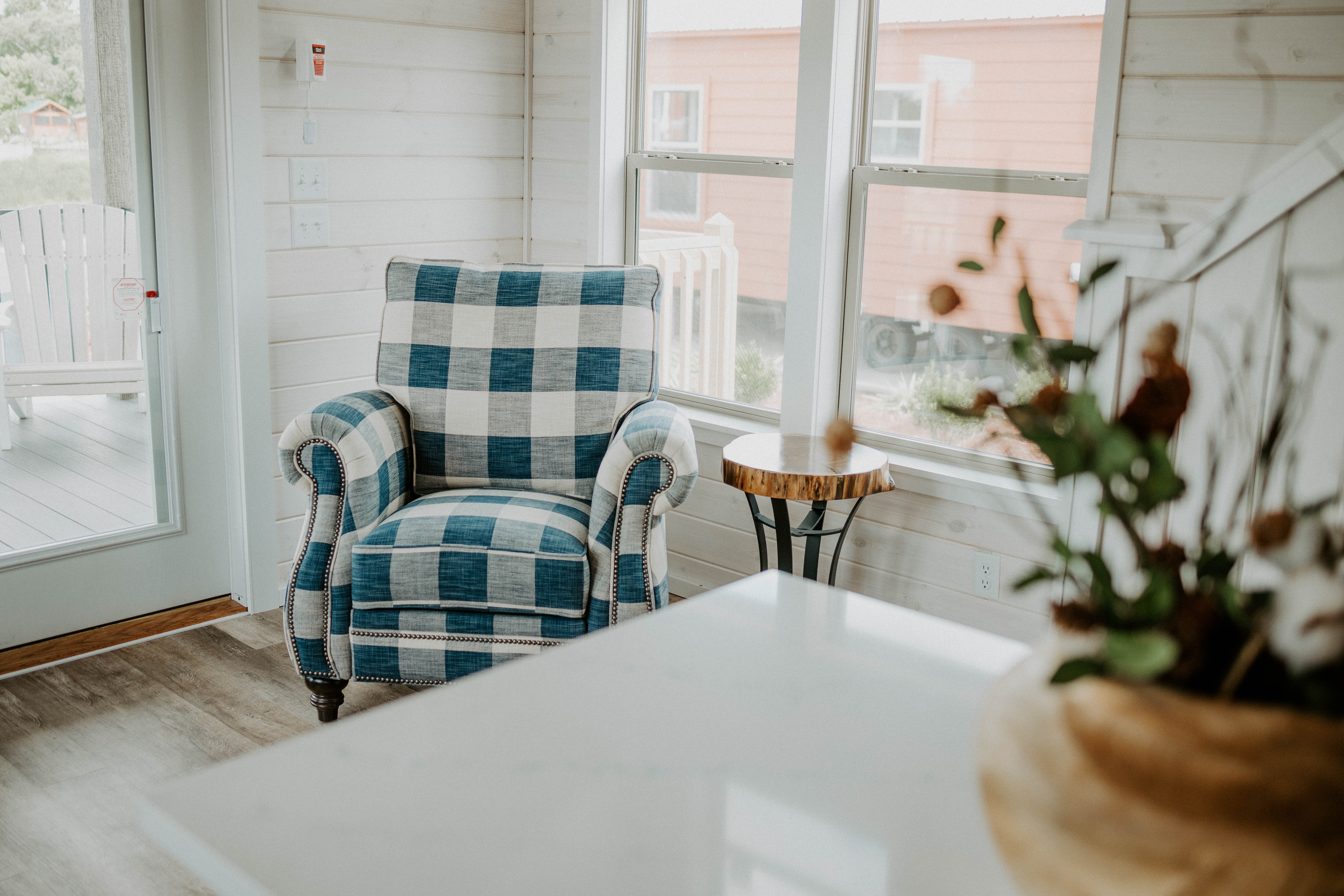 farmhouse home blue and white plaid accent chair