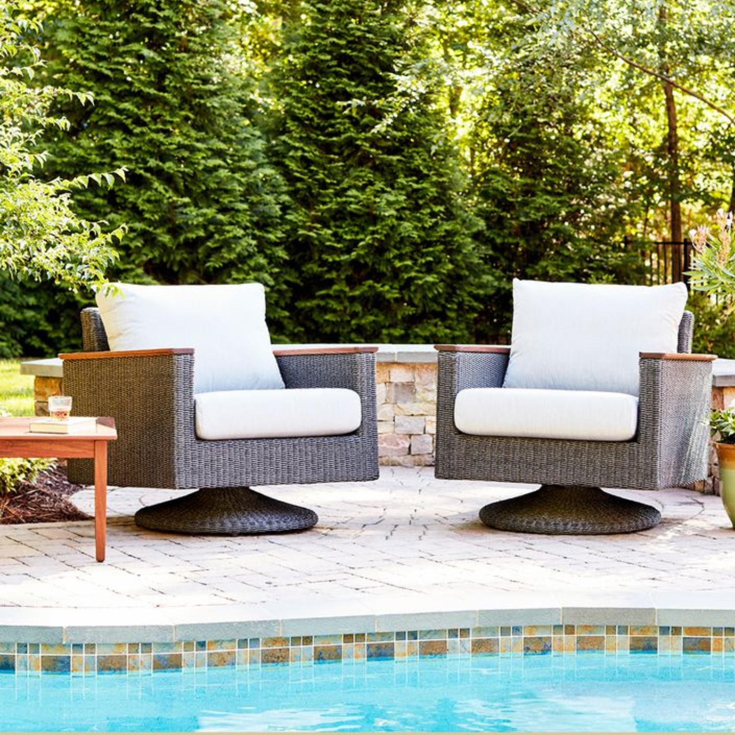 SWIVEL ROCKER OUTDOOR PATIO FURNITURE WITH WICKER MATERIAL AND IPE WOOD