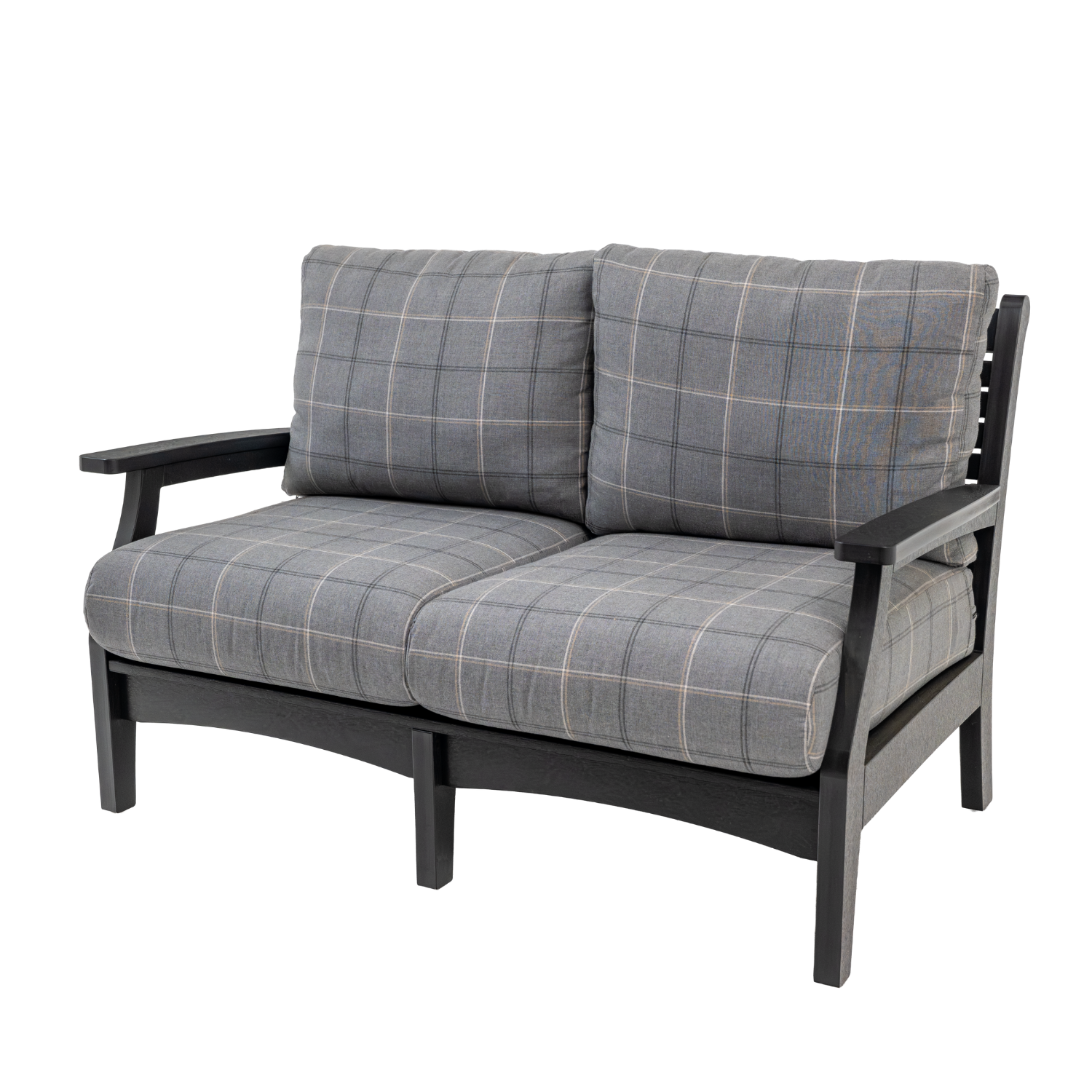 outdoor patio loveseat with sunbrella fabric with recycled poly lumber