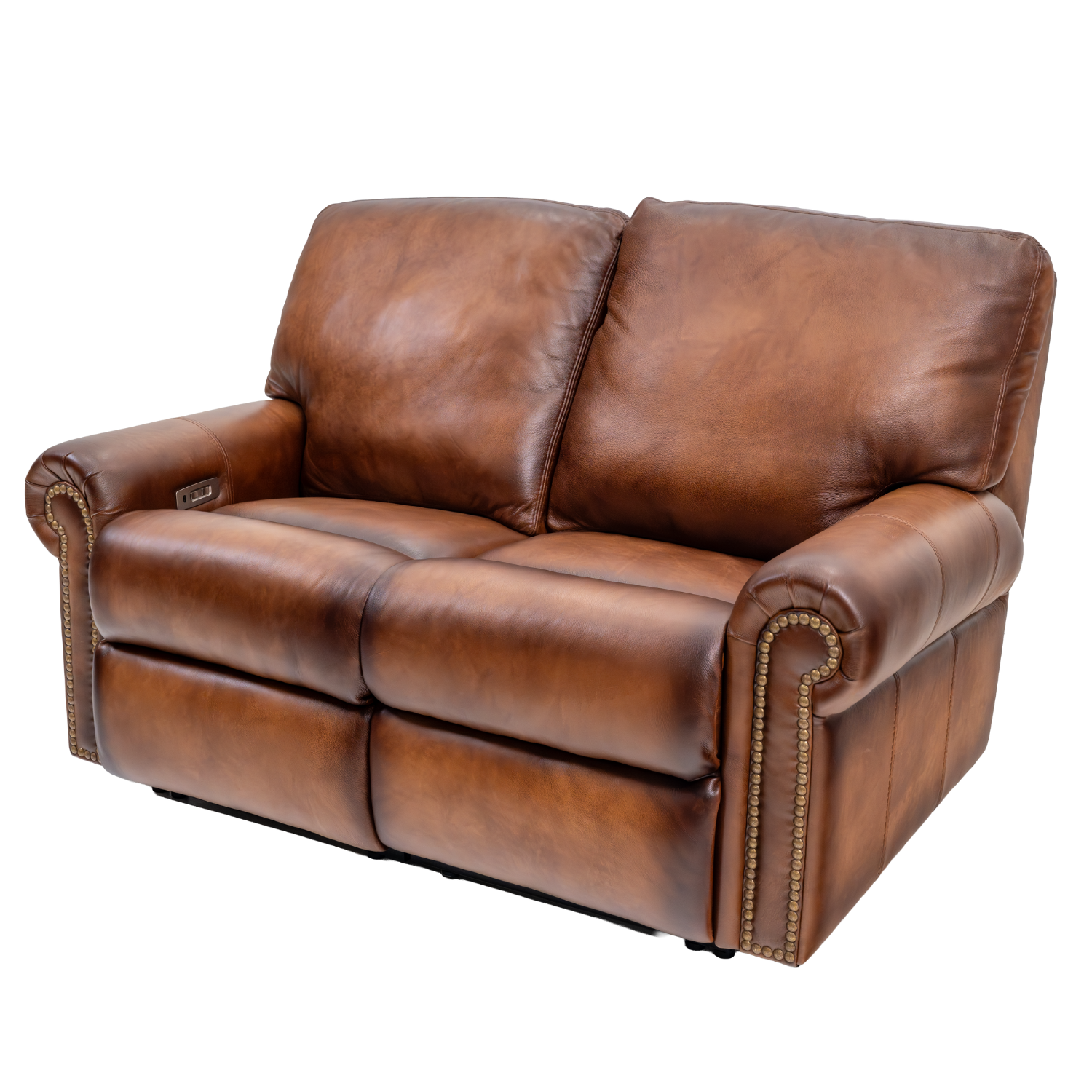 leather power reclining loveseat with a rolled arm and solid back