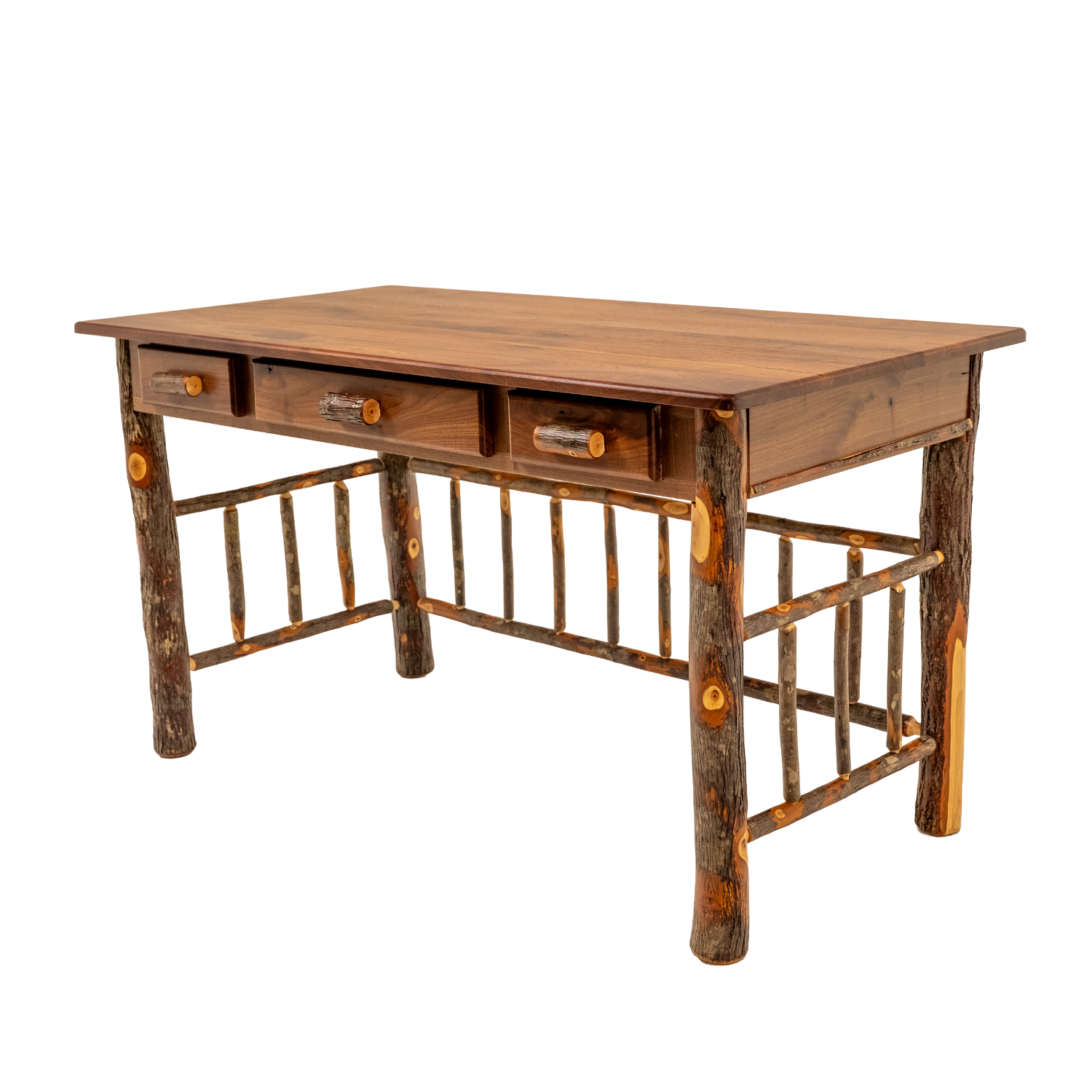 black walnut desk with hickory logs