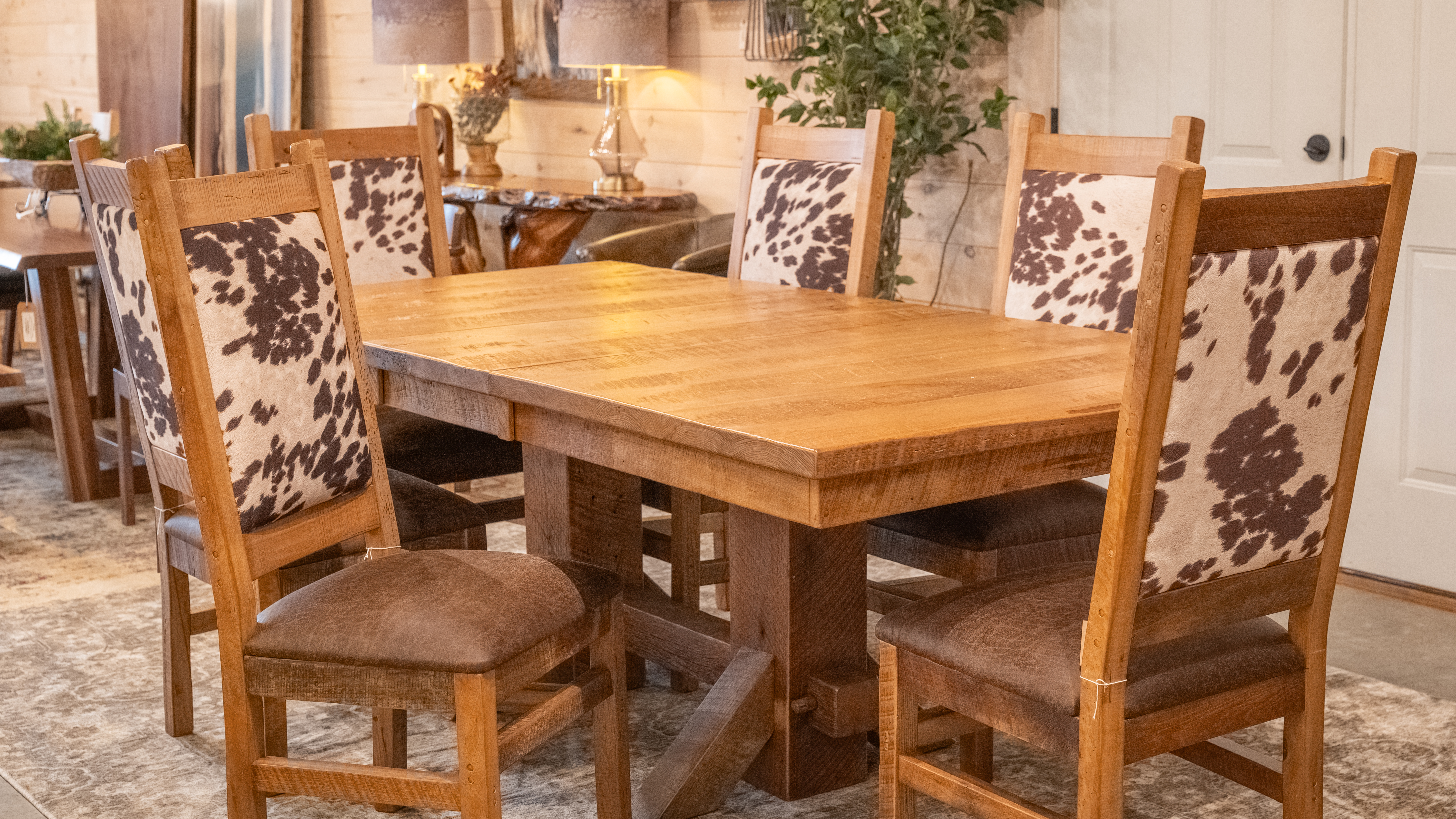BARN BEAM DINING TABLE WITH FABRIC DINING CHAIRS