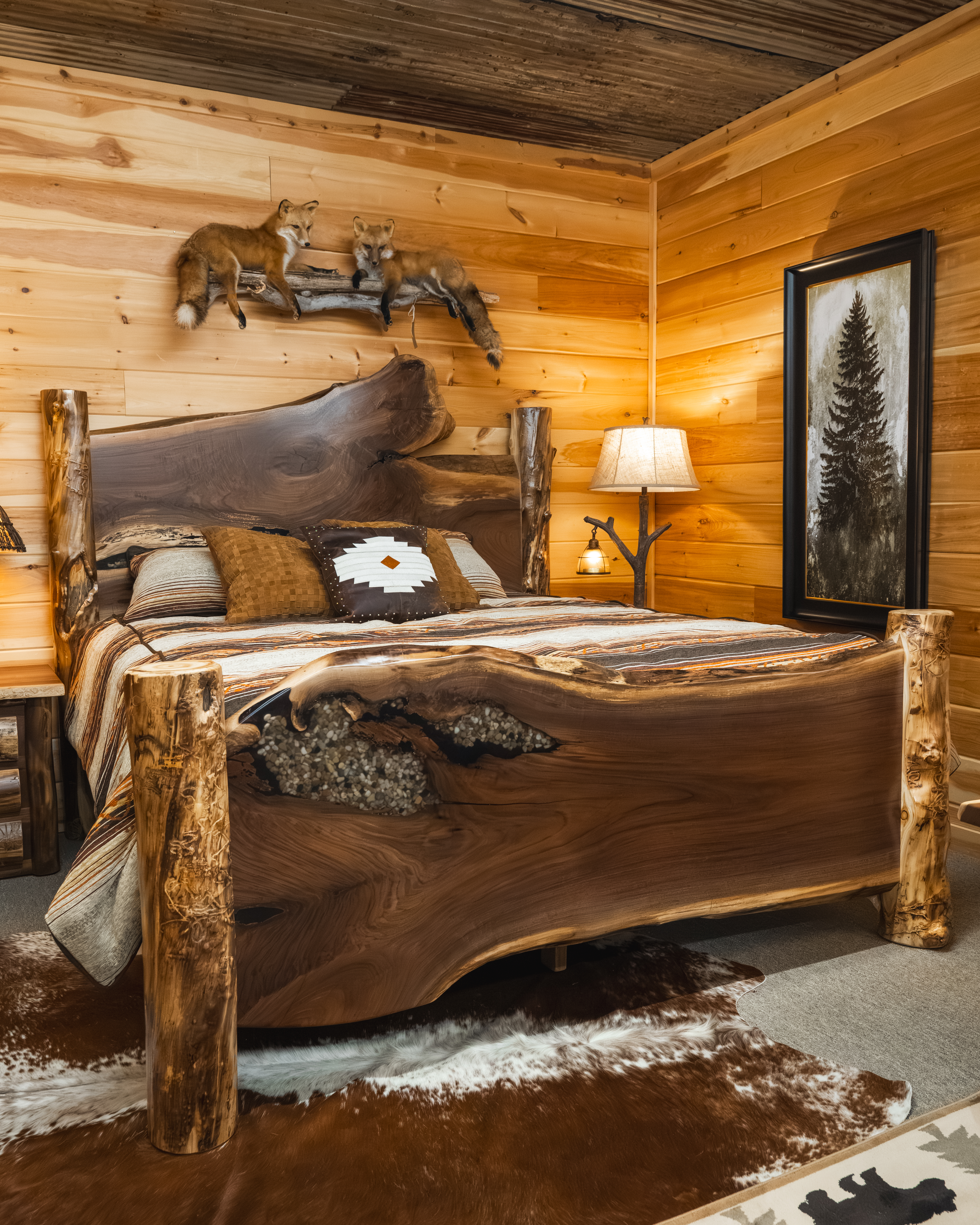 live edge slab bed with river rocks epoxy