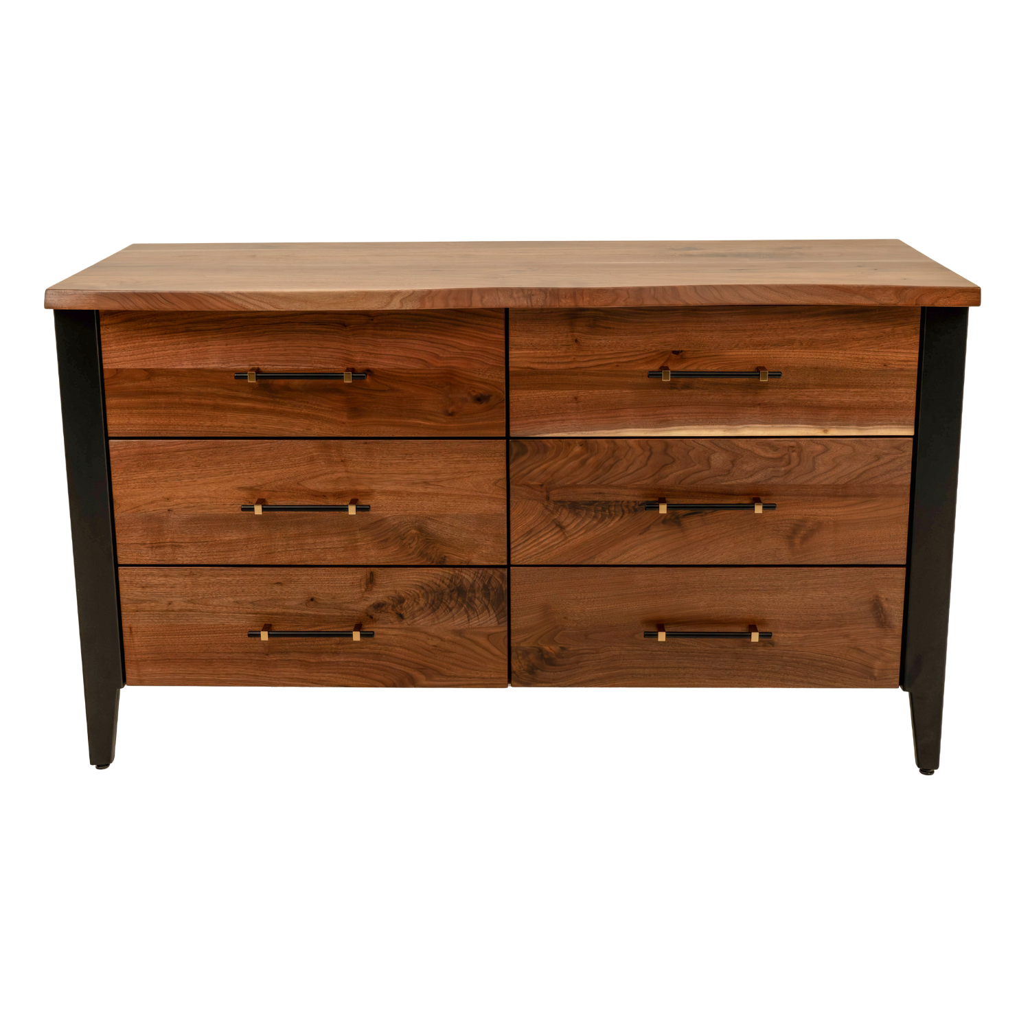 live edge dresser in black walnut with wrought iron metal accents