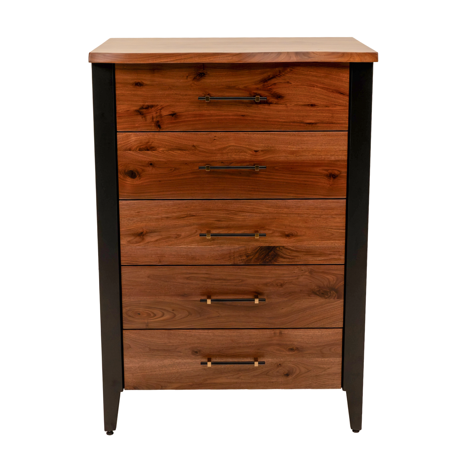 live edge chest in black walnut with metal accents