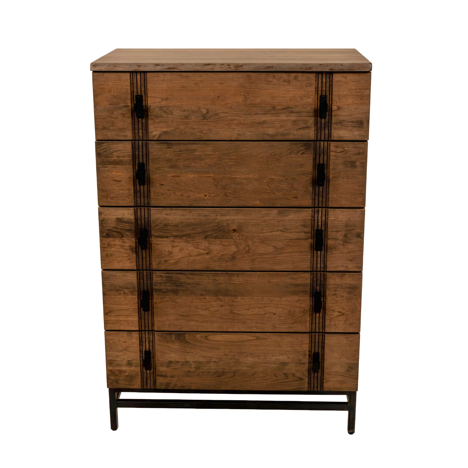 live edge chest in cherry with a black metal base