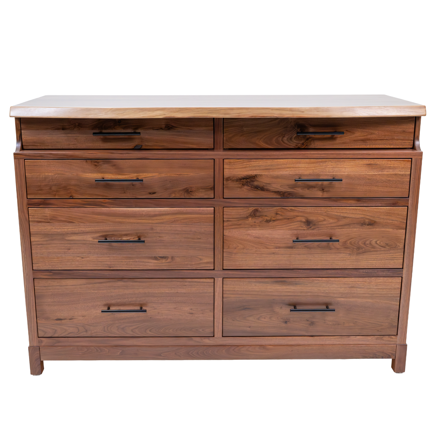 live edge dresser in black walnut with wrought iron metal accents