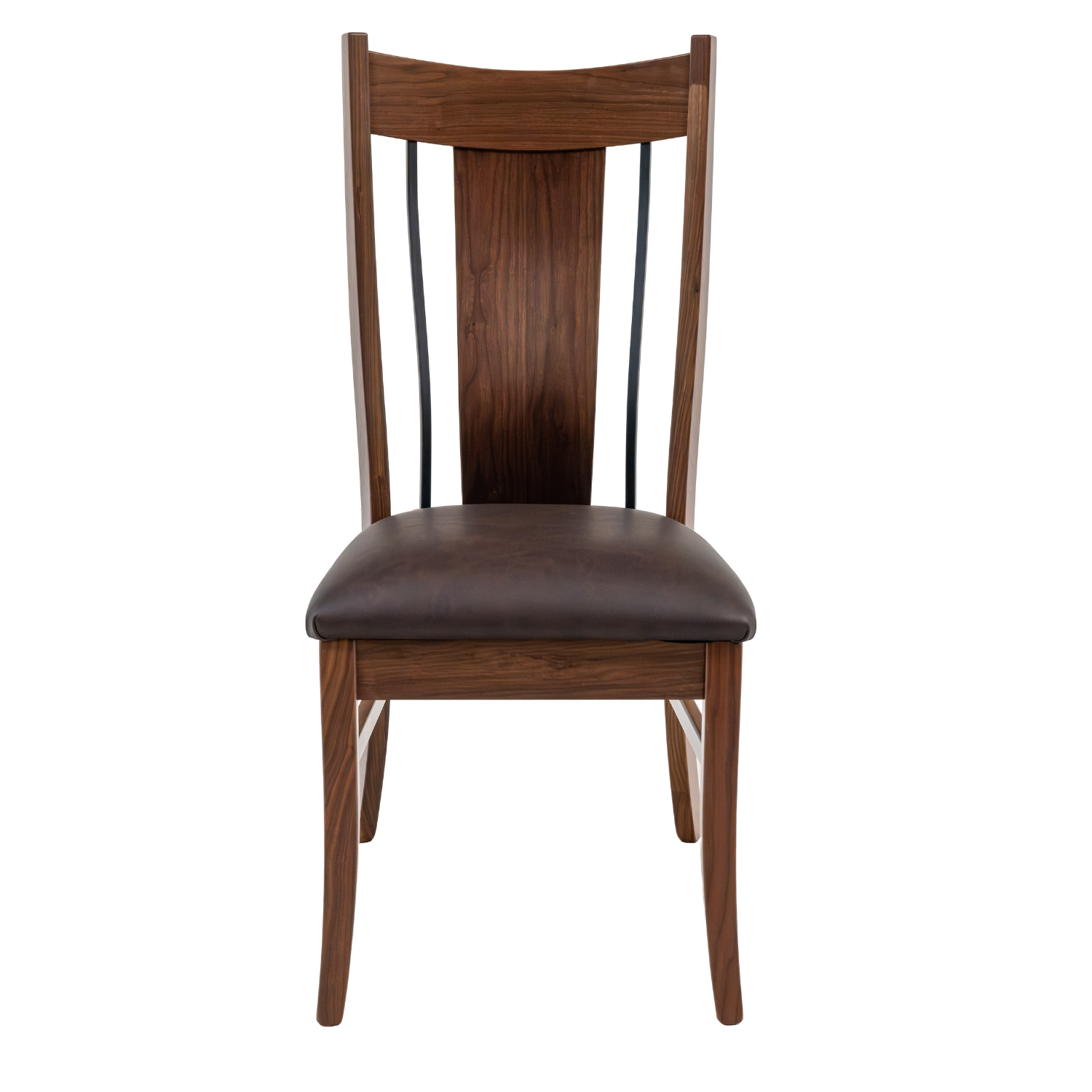 black walnut dining chair with leather seat and wrought iron bars