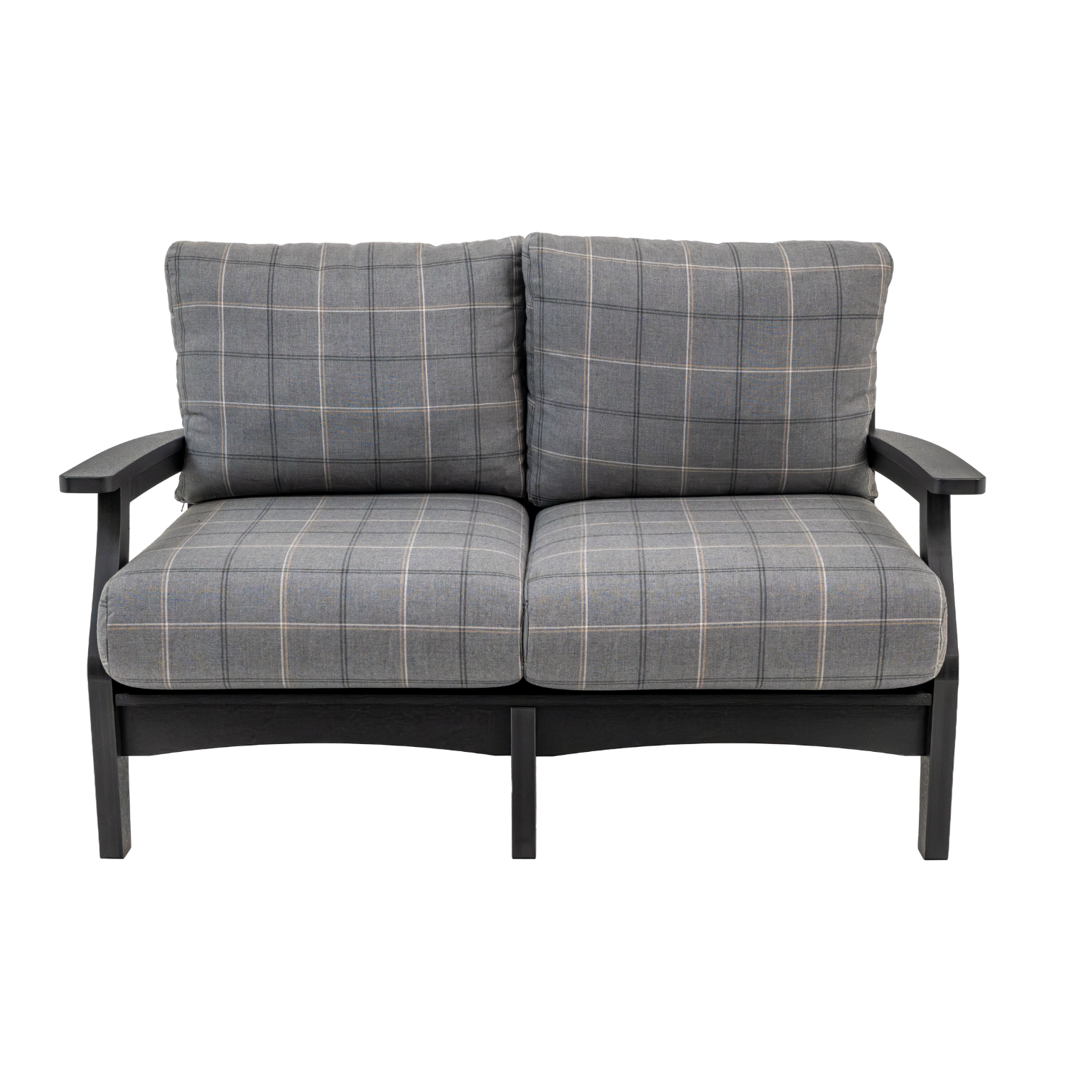 outdoor patio loveseat with sunbrella fabric with recycled poly lumber