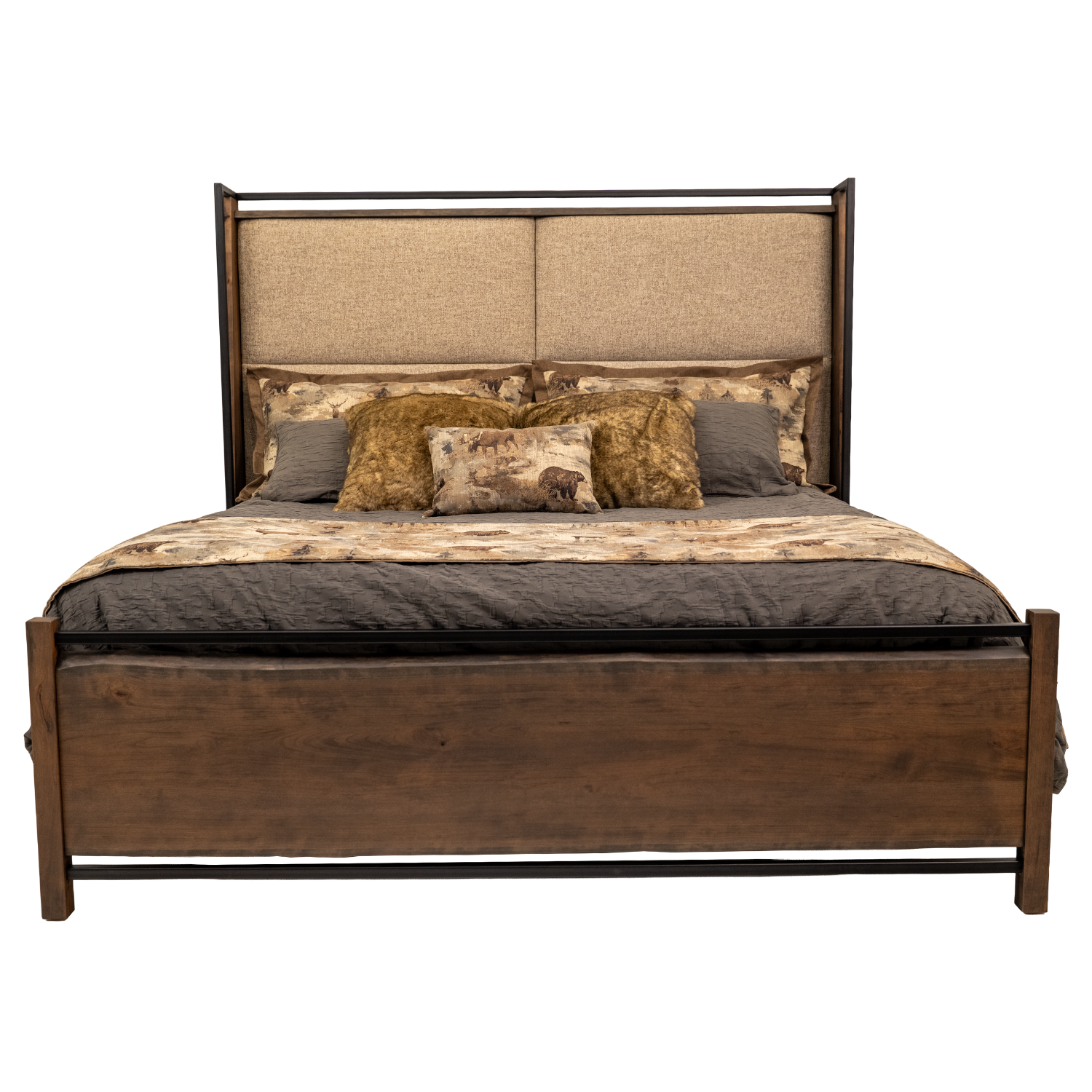 live edge bed with upholstered headboard