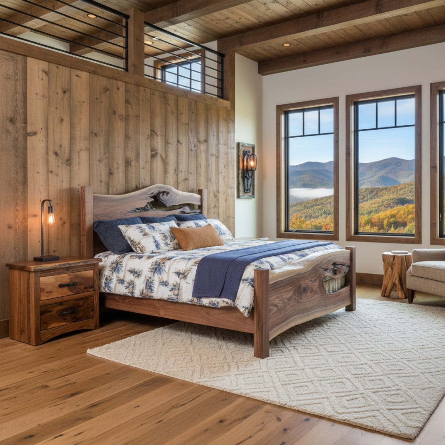 modern rustic bedroom set with live edge black walnut slabs and thick posts