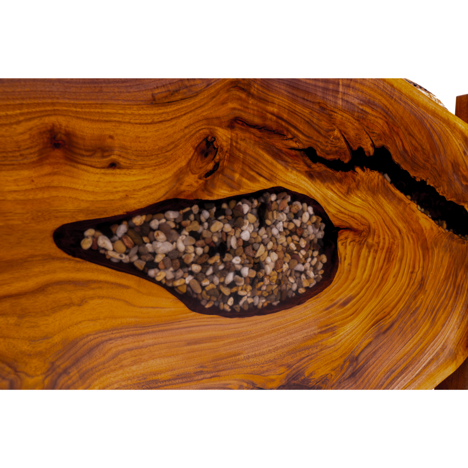 live edge black walnut slab bed with river rock epoxy