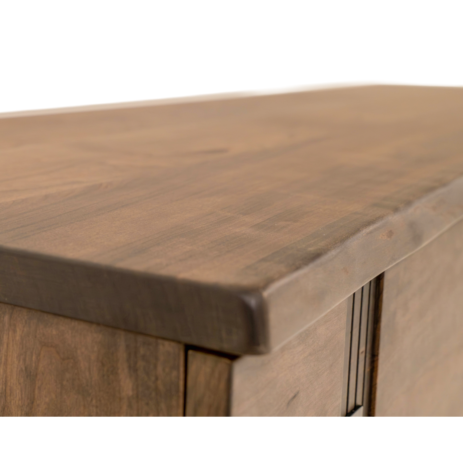 live edge chest in cherry with a black metal base