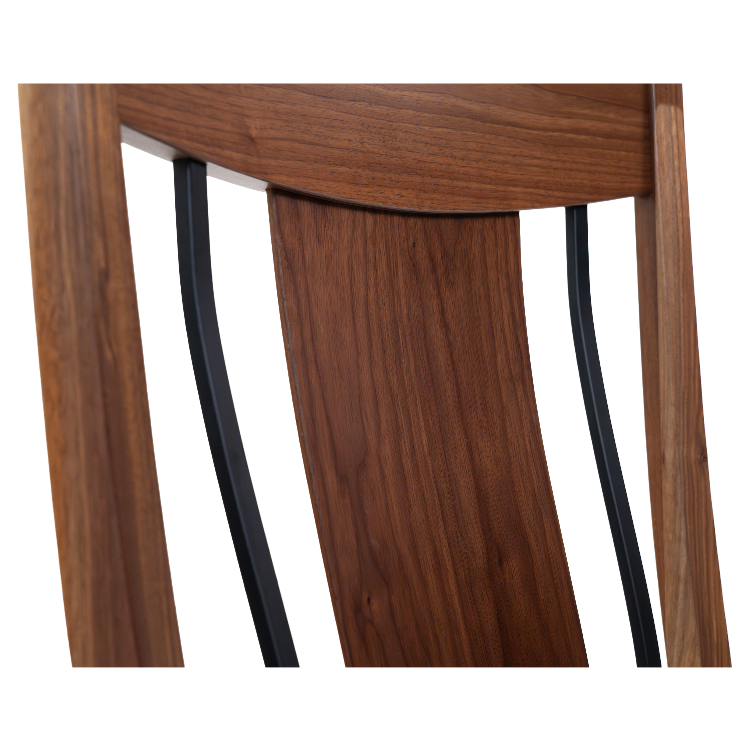 black walnut dining chair with leather seat and wrought iron bars