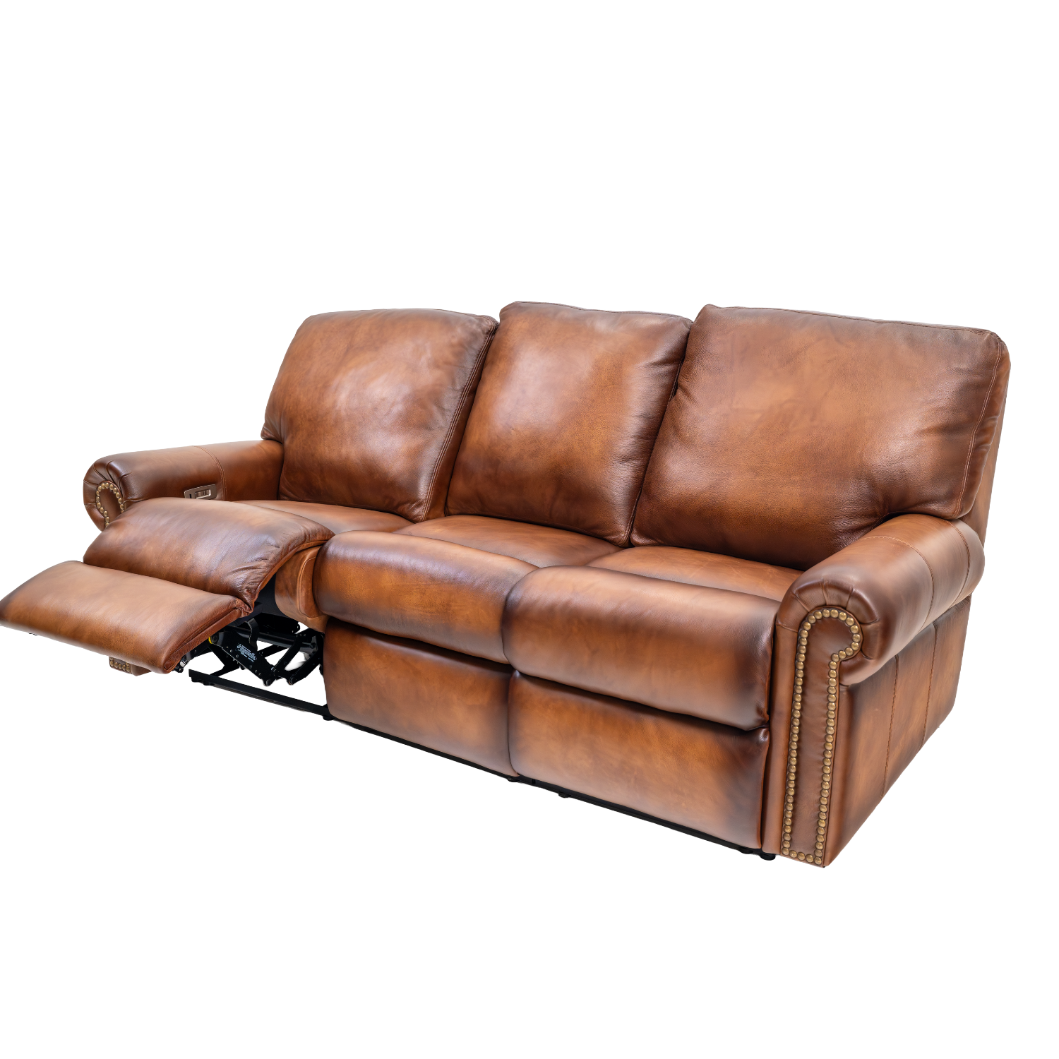 leather power reclining sofa with a rolled arm and solid back