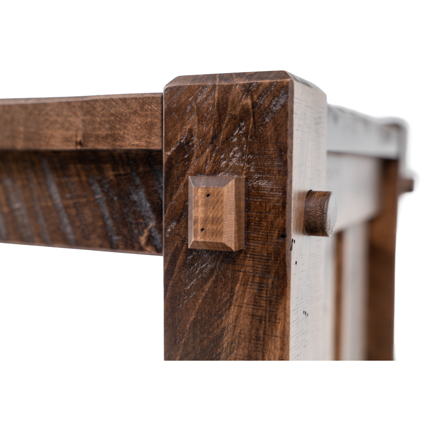 craftsman style sofa table with exposed joinery