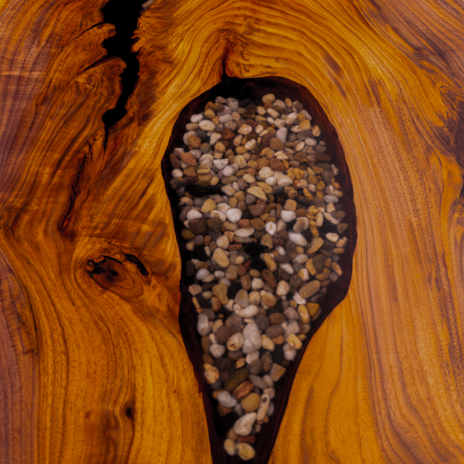 river rock epoxy slab in black walnut