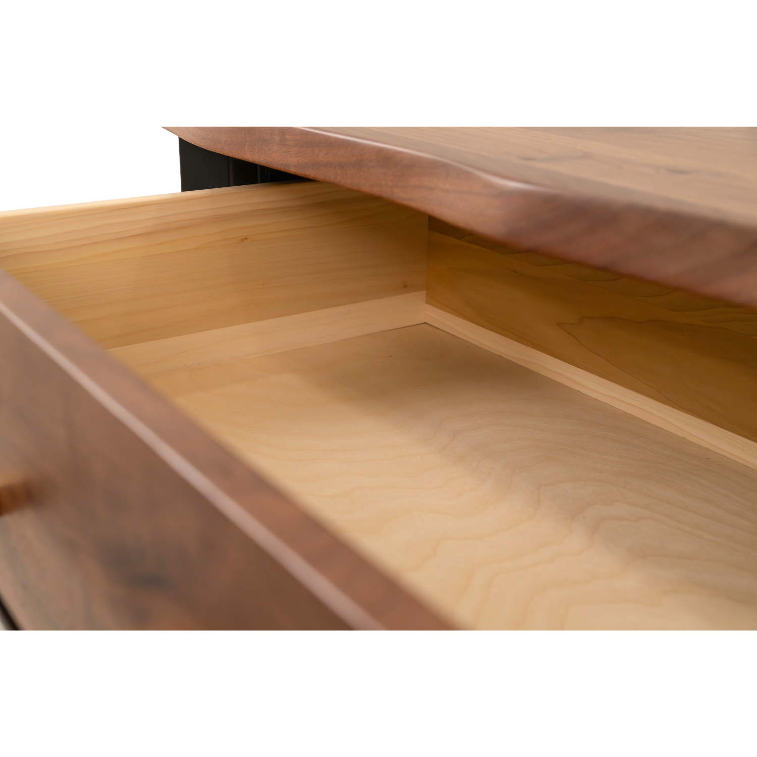 live edge chest in black walnut with metal accents