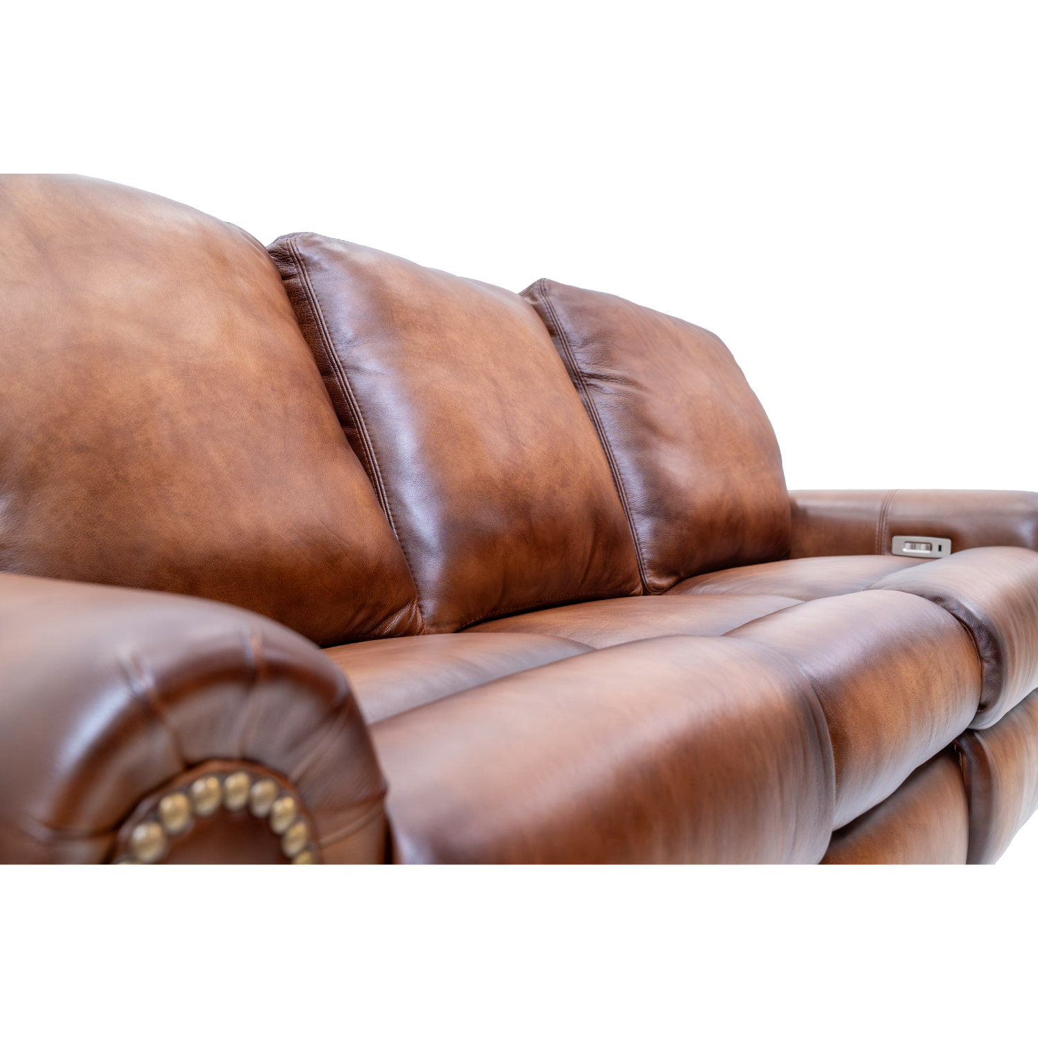 leather power reclining sofa with a rolled arm and solid back