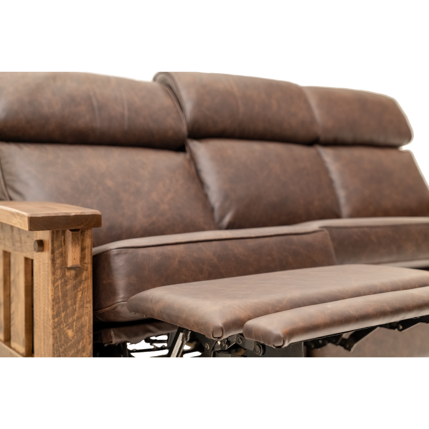 wood arm reclining sofa with leather