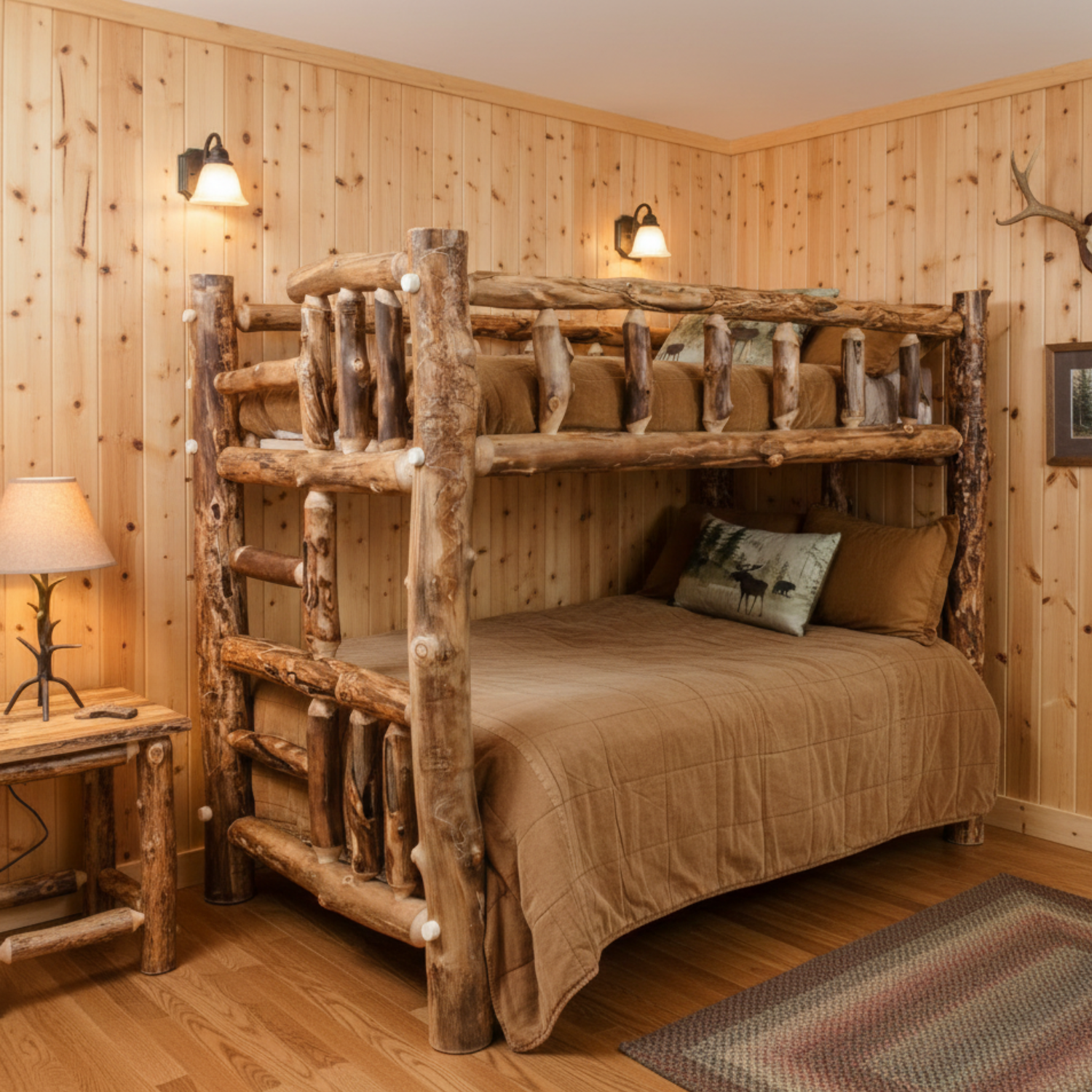 solid wood log bunk bed made with solid aspen logs in a cabin