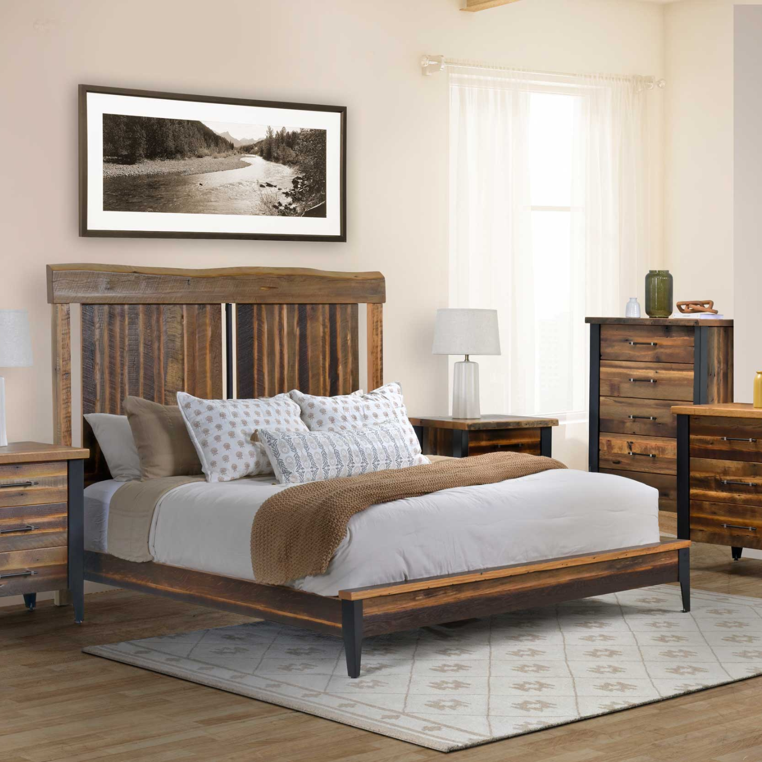modern barnwood bedroom set with metal accents