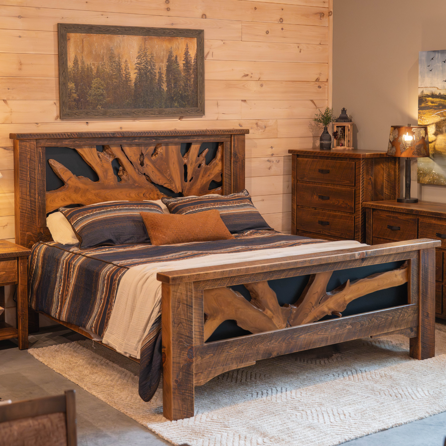 barnwood bedroom set with live edge teak root in bed