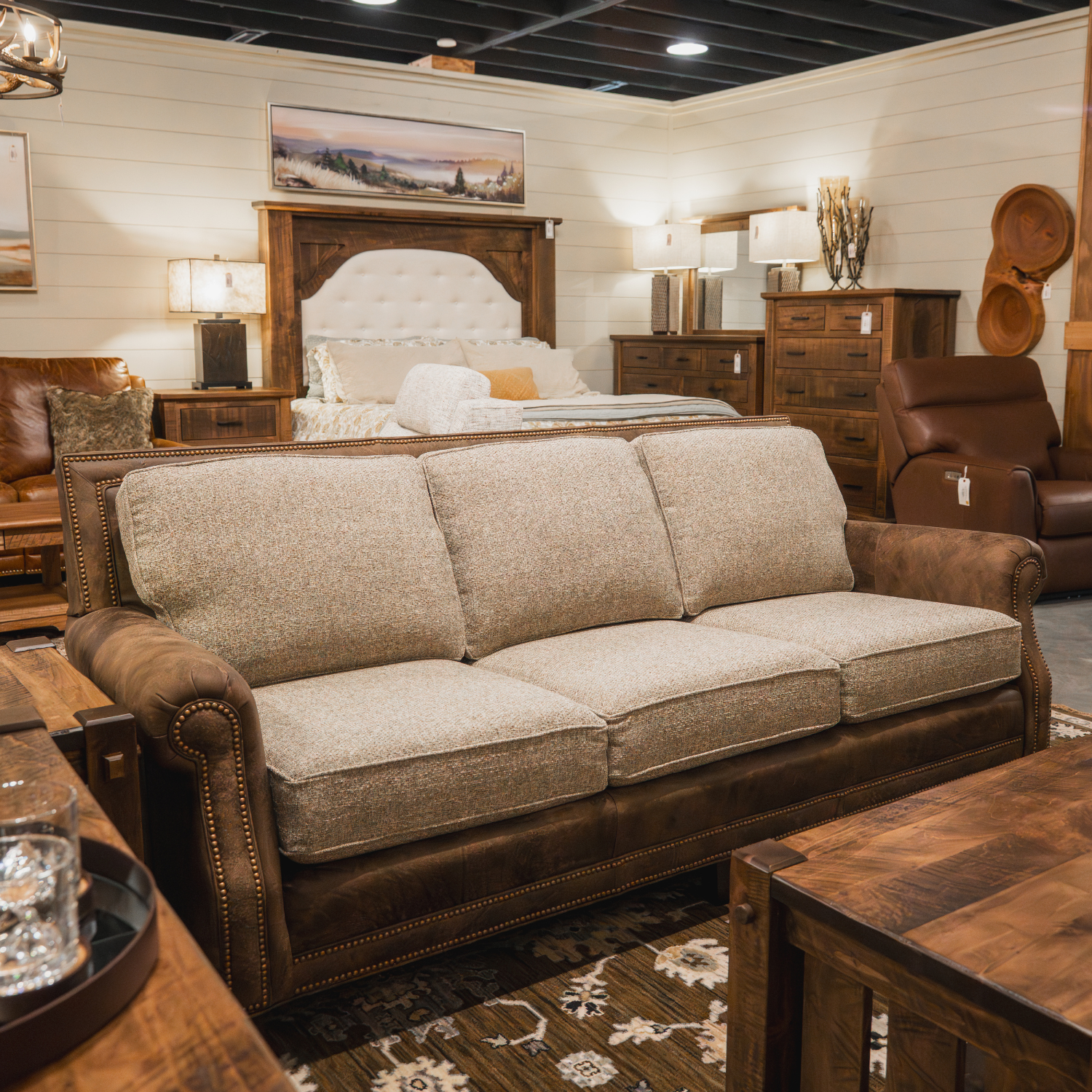 living room sofa with fabric and leather combo