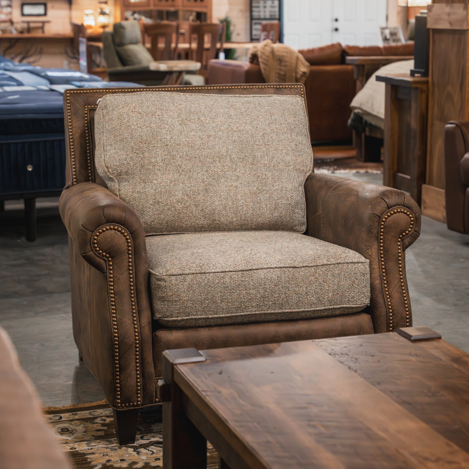 leather living room chair with fabric seats and backs