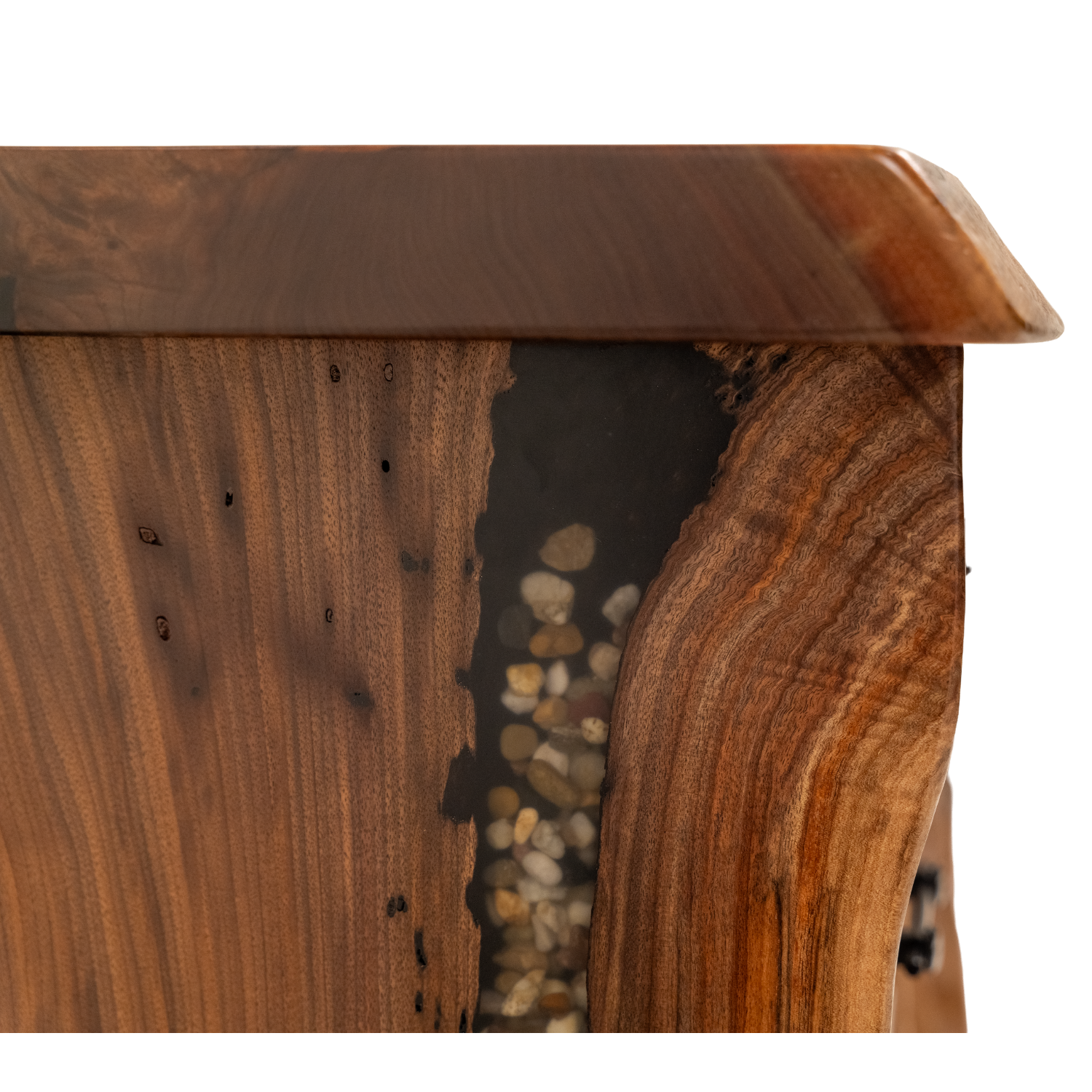 black walnut live edge desk with river rock epoxy