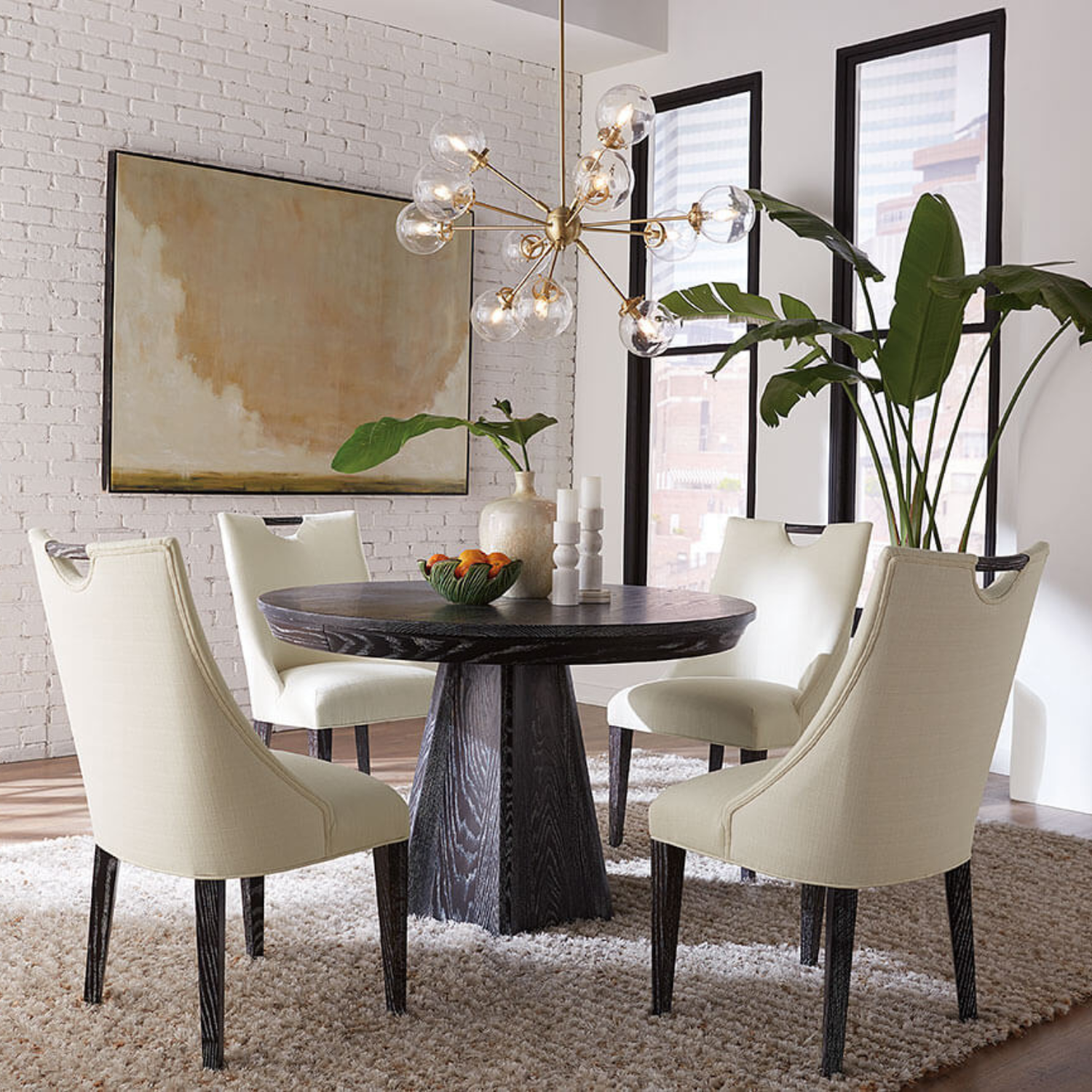 solid wood round dining table with fabric dining chairs