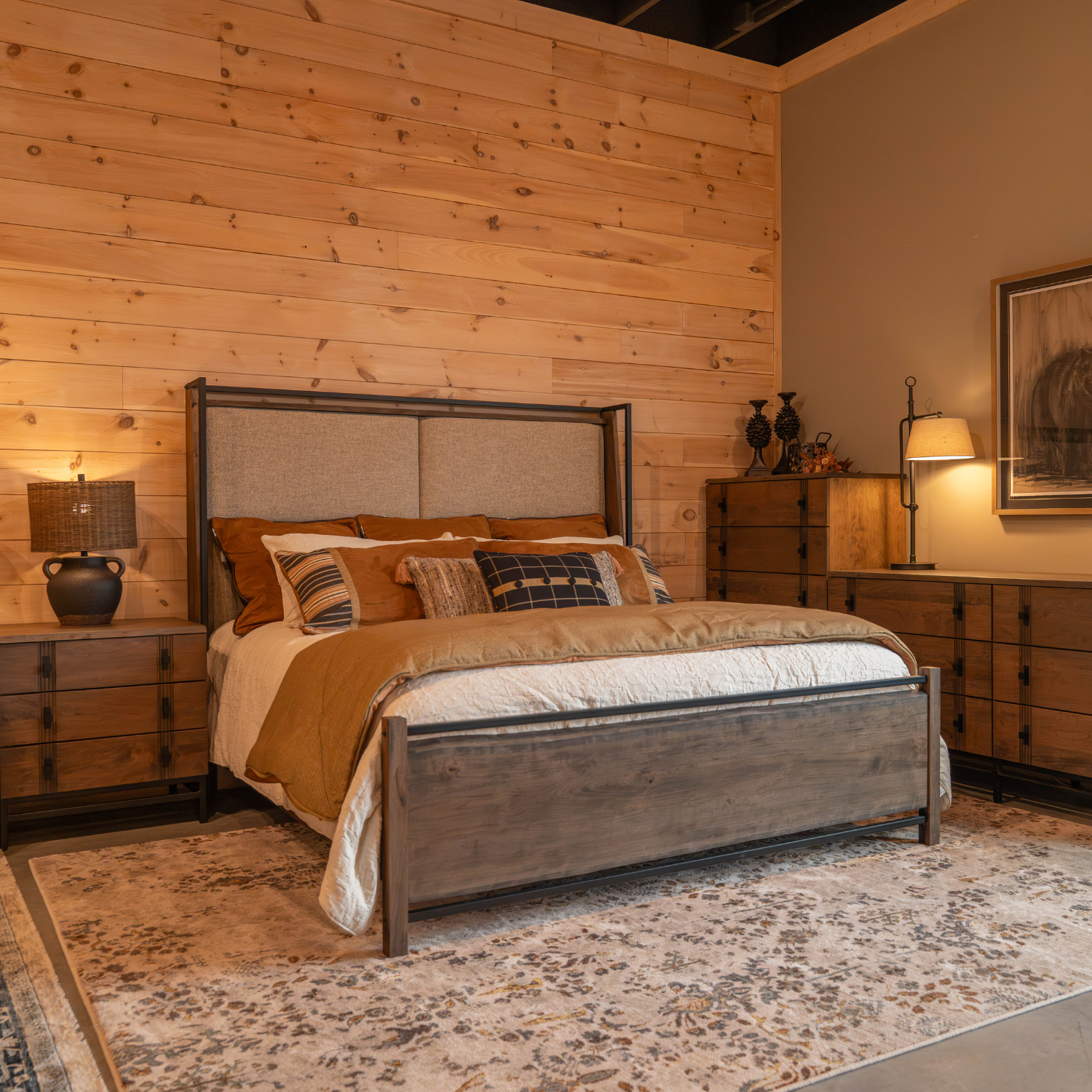 live edge bedroom set with fabric panel king headboard bed