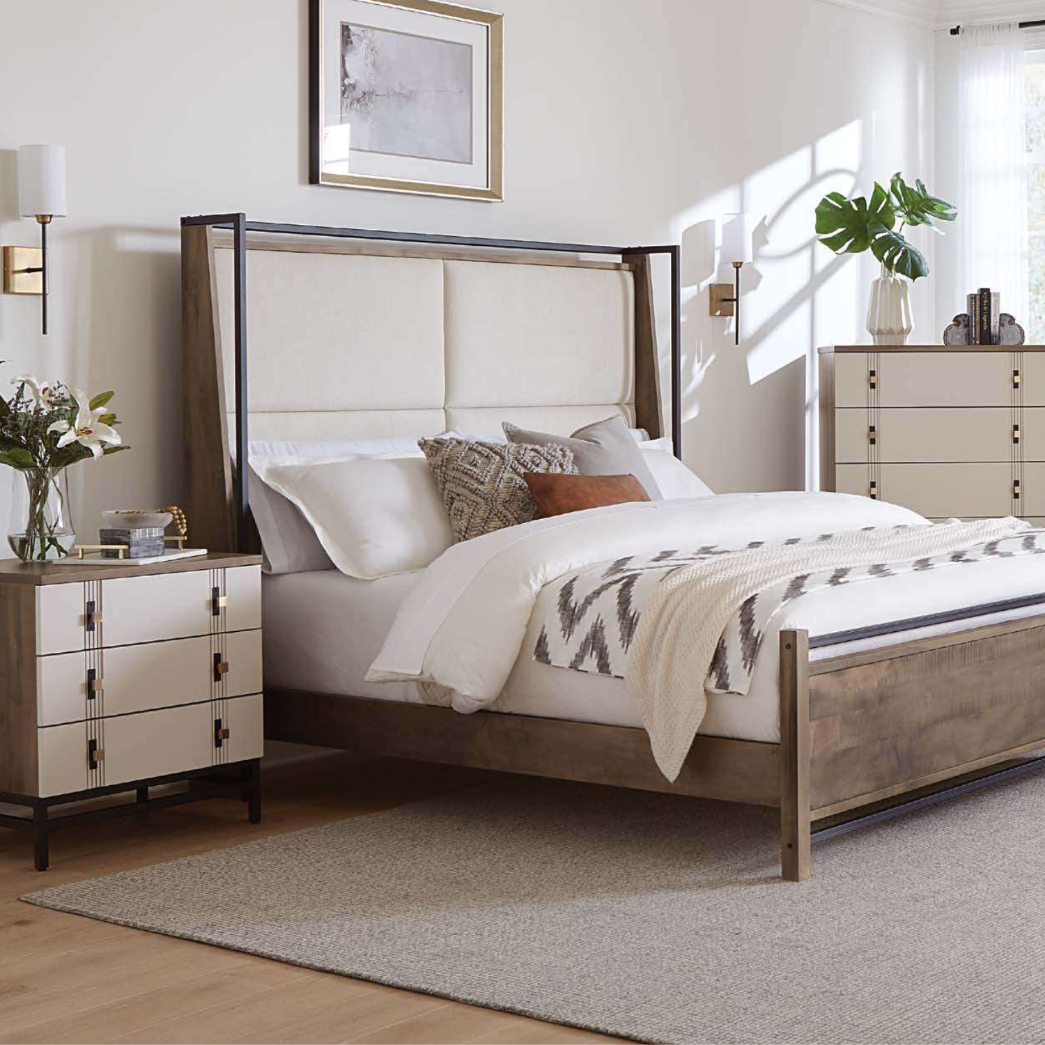 wood & metal bedroom set with fabric panel headboard bed