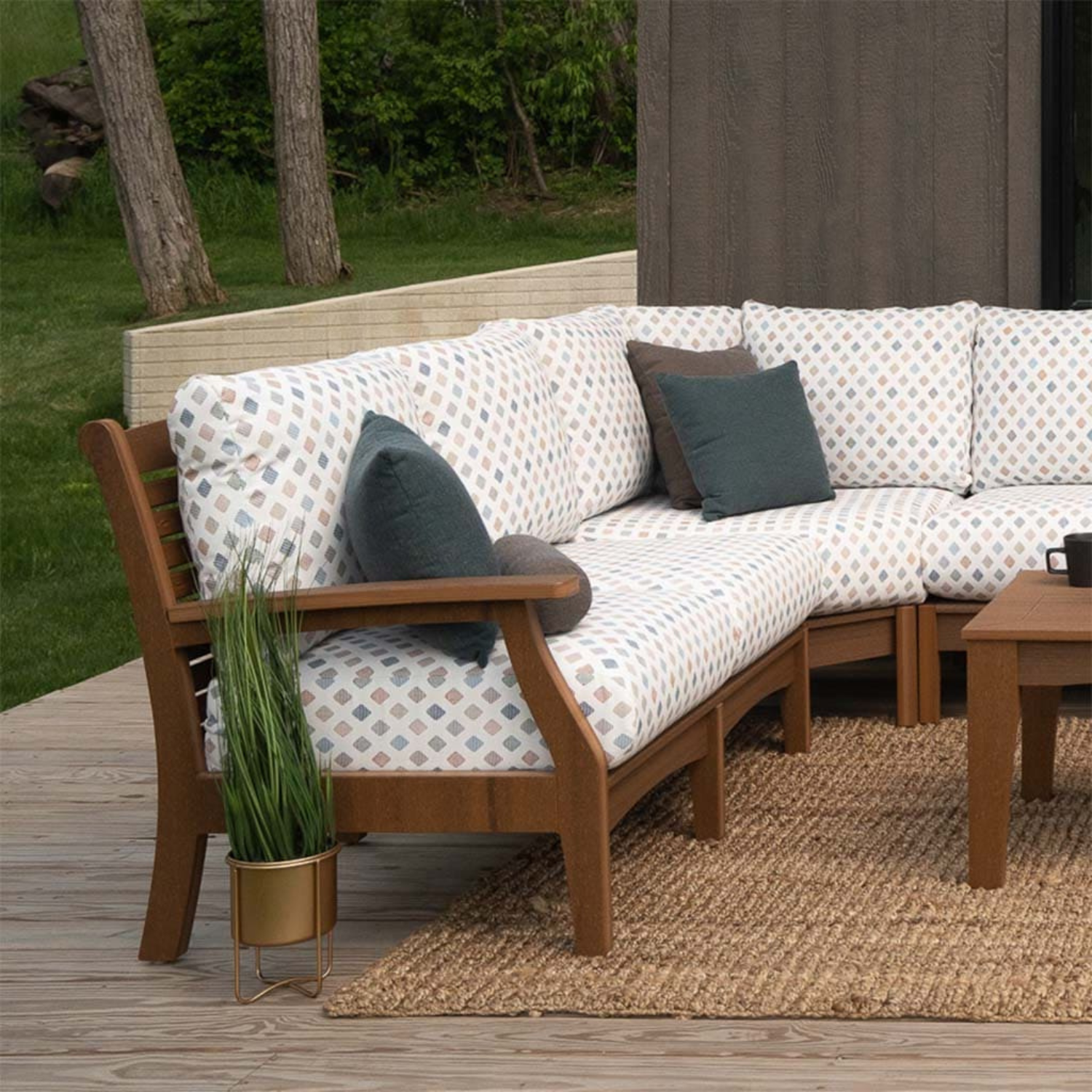 outdoor sectional with poly lumber and sunbrella fabric