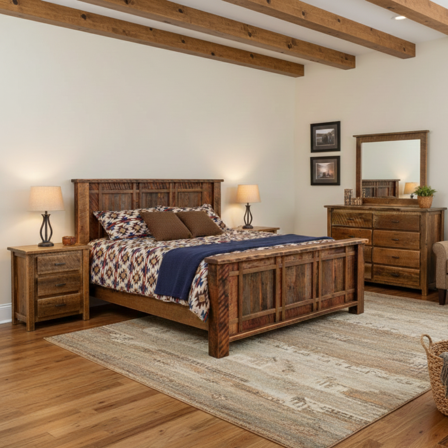 modern farmhouse bedroom set made of solid reclaimed rough sawn wood