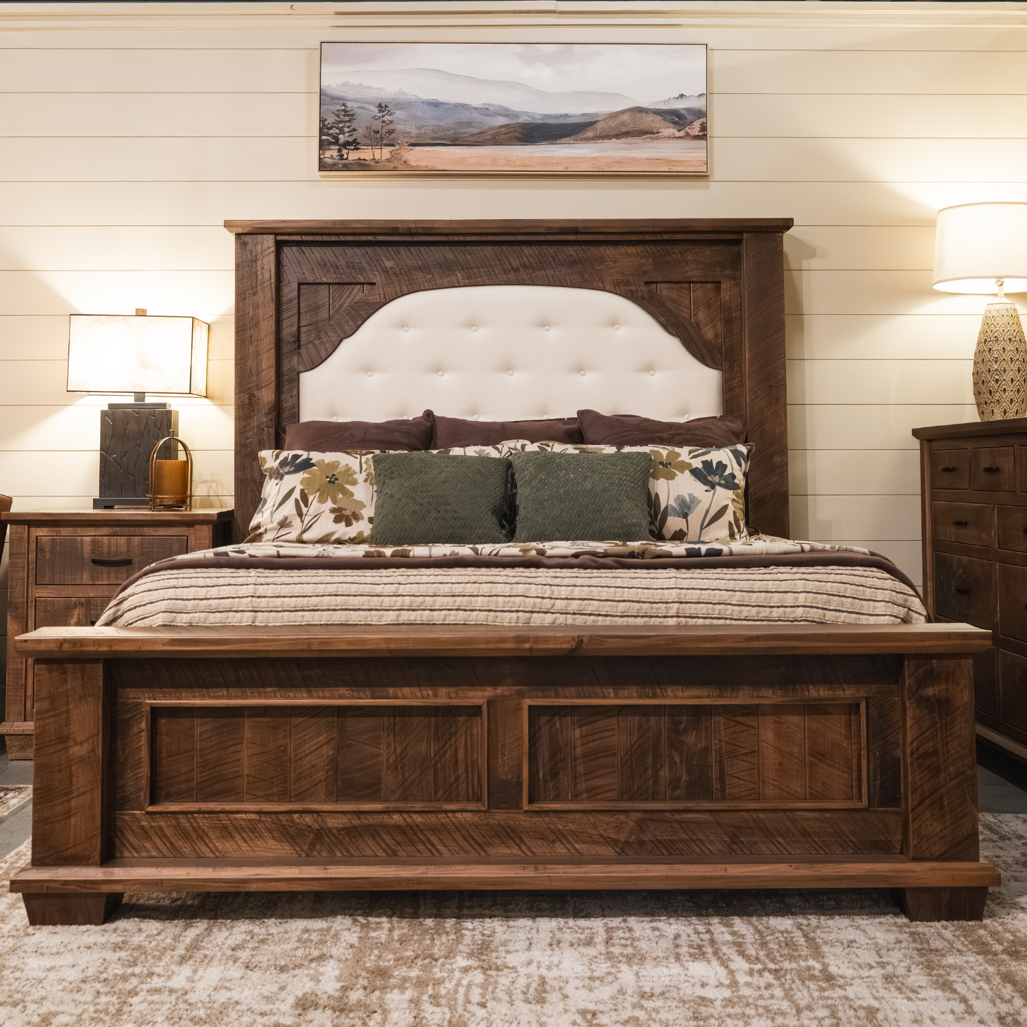 rustic solid wood bed with fabric headboard