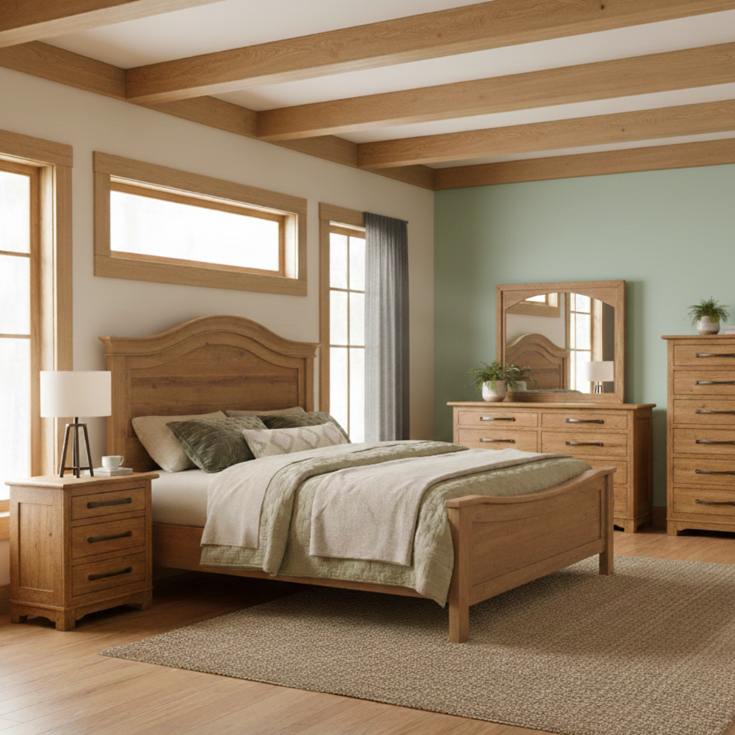 farmhouse style solid wood bedroom set with an arched headboard and green accents