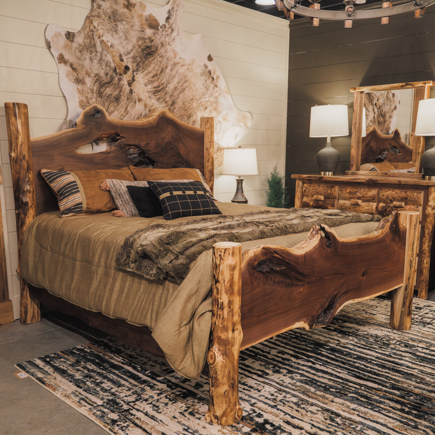 black wlanut live edge slab bed with aspen posts