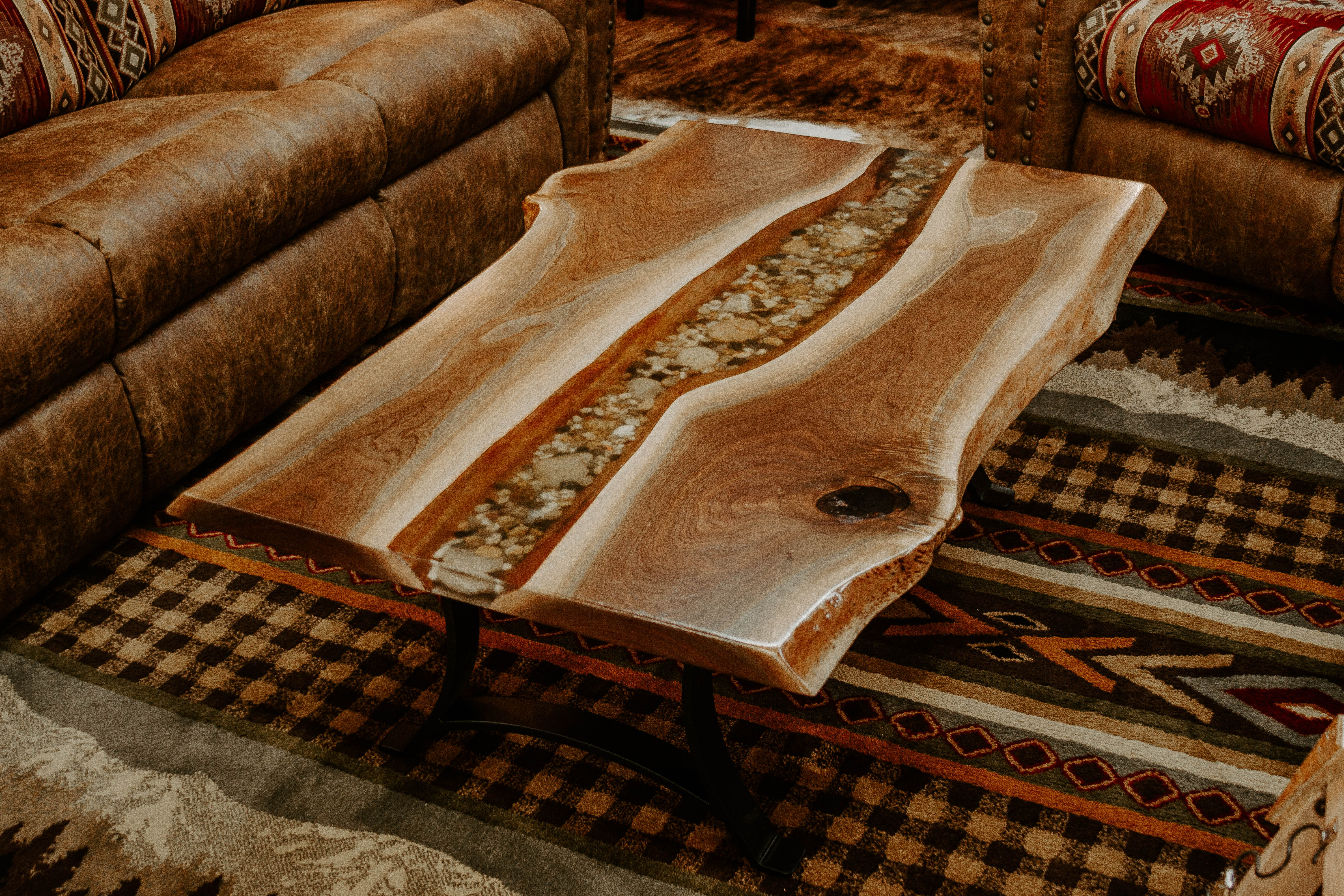 Black Walnut Wood Slab Coffee table with epoxy river rock accent