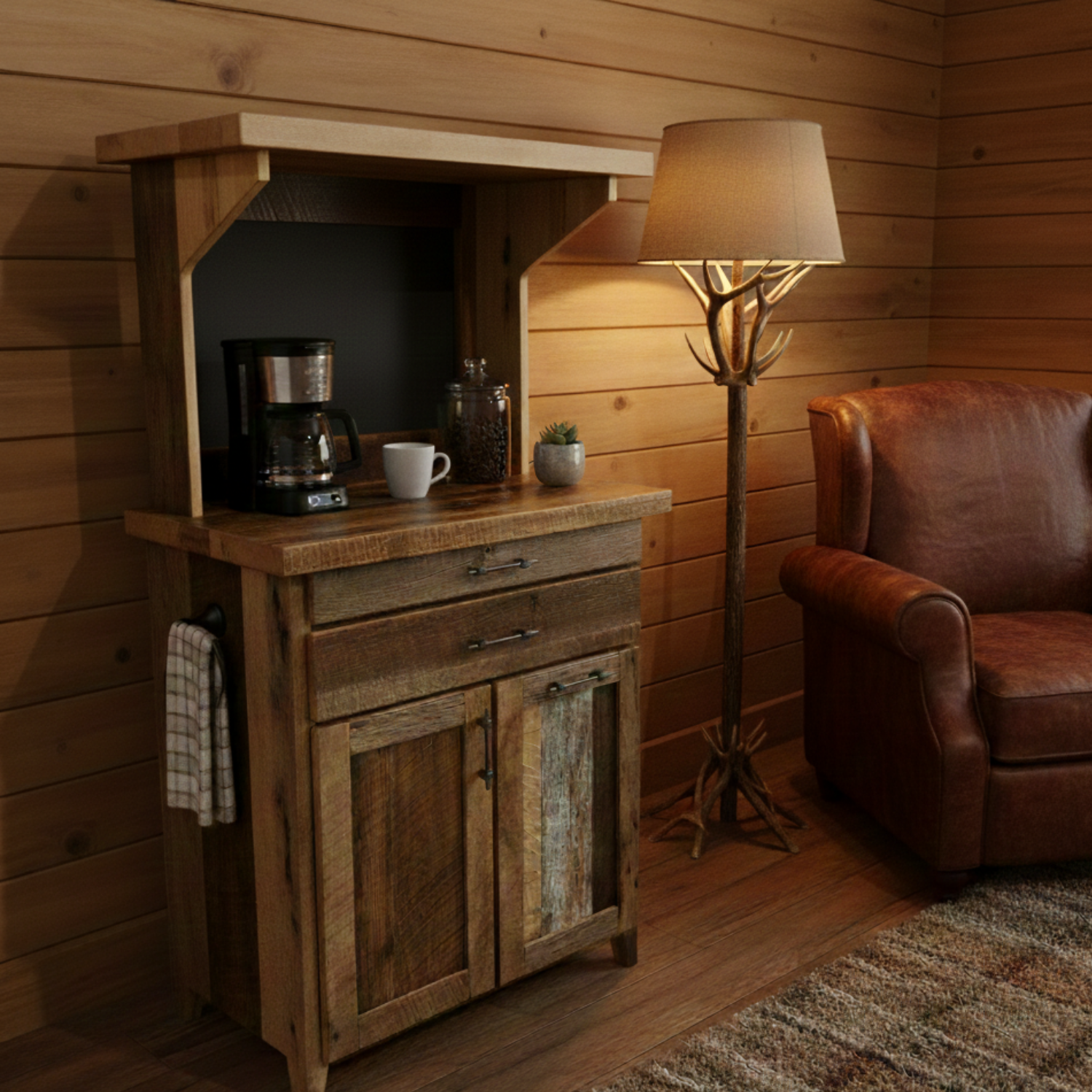 rough sawn barnwood coffee bar with storage and power outlet strip