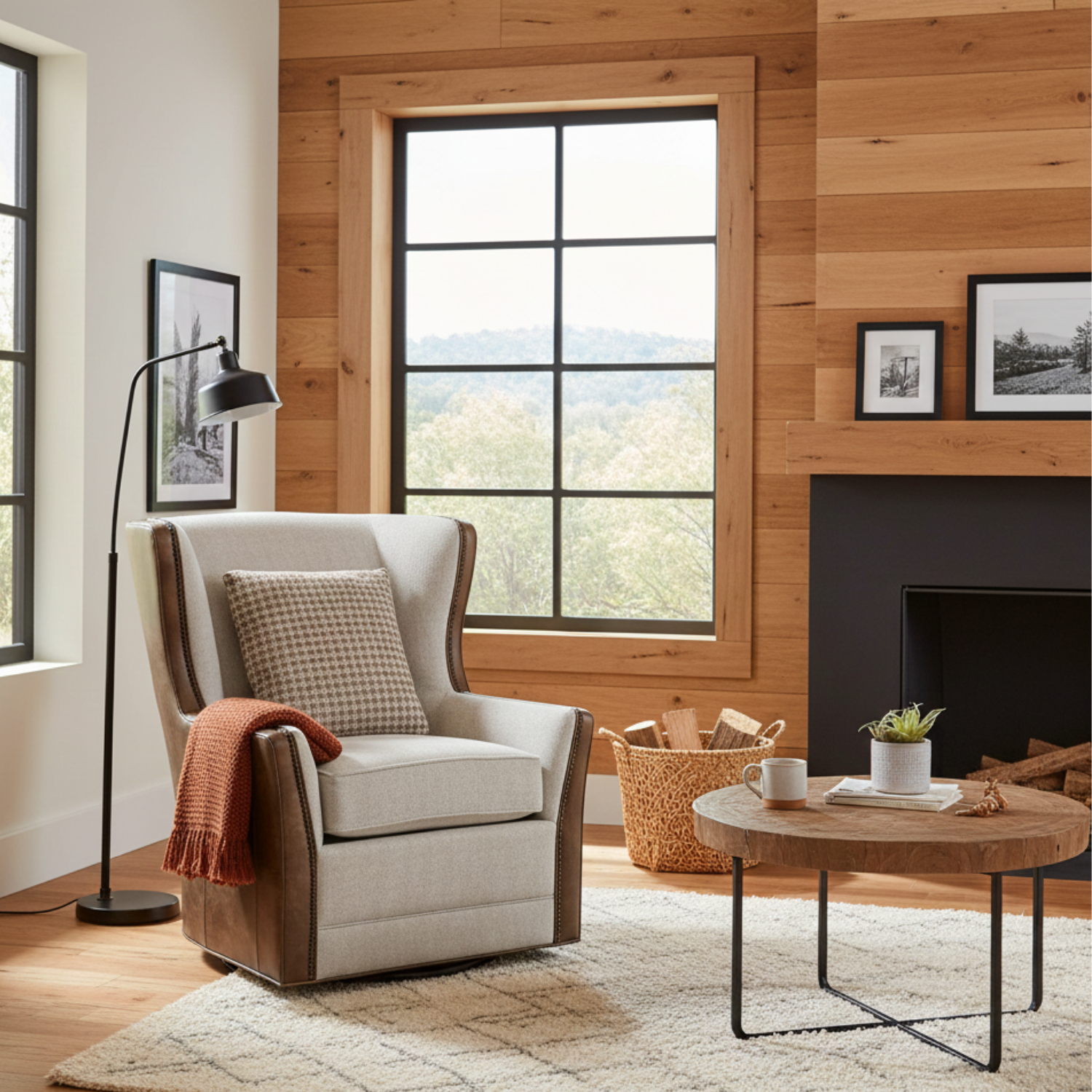 modern rustic wingback swivel chair with fabric and leather