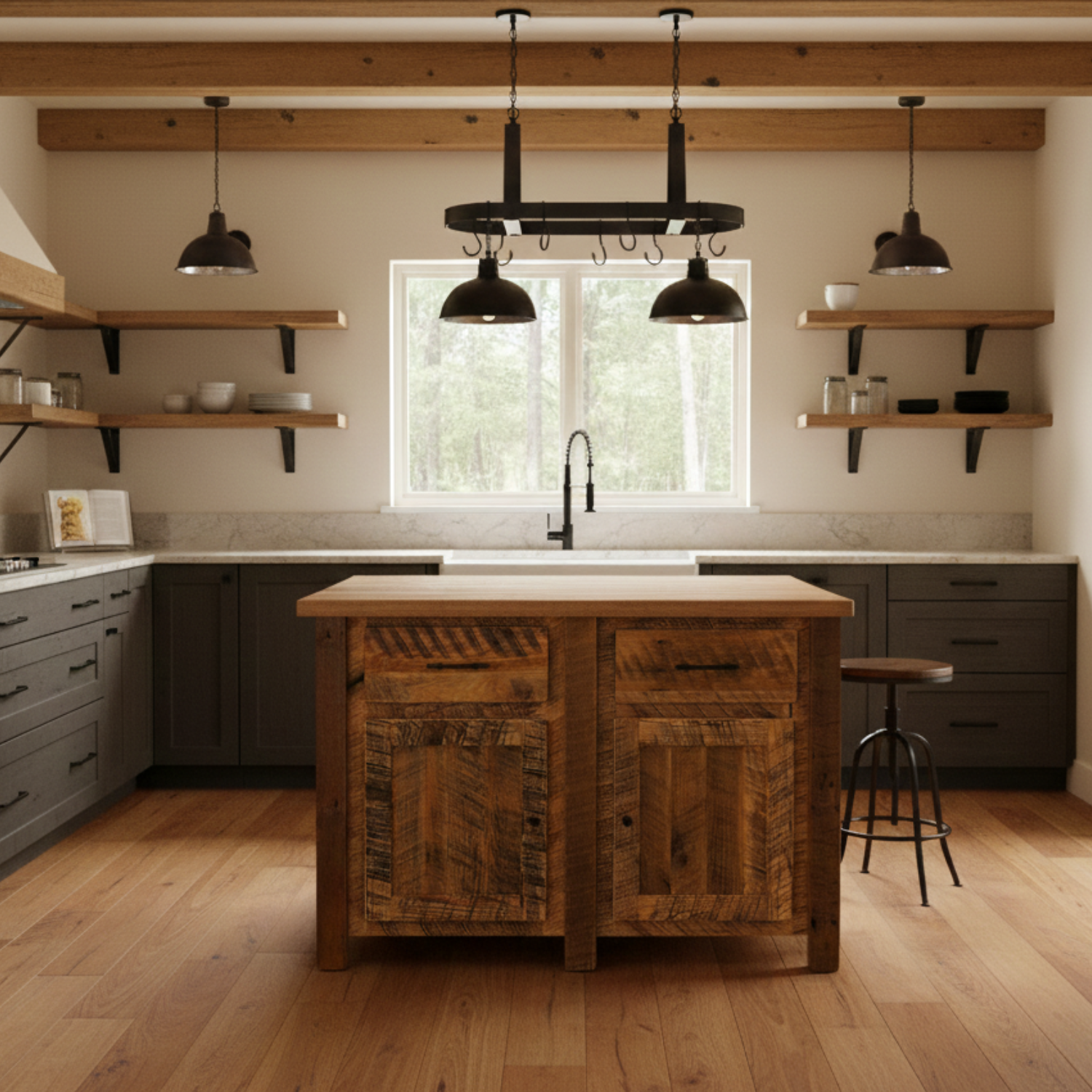 solid barnwood rough sawn island with storage for kitchen