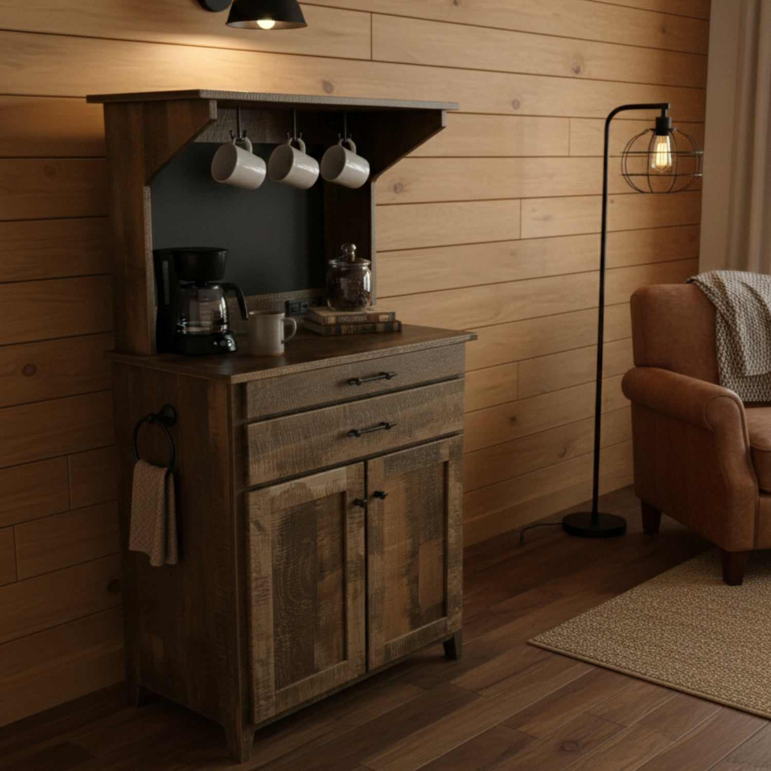 rough sawn maple rustic coffee bar with storage and power outlets