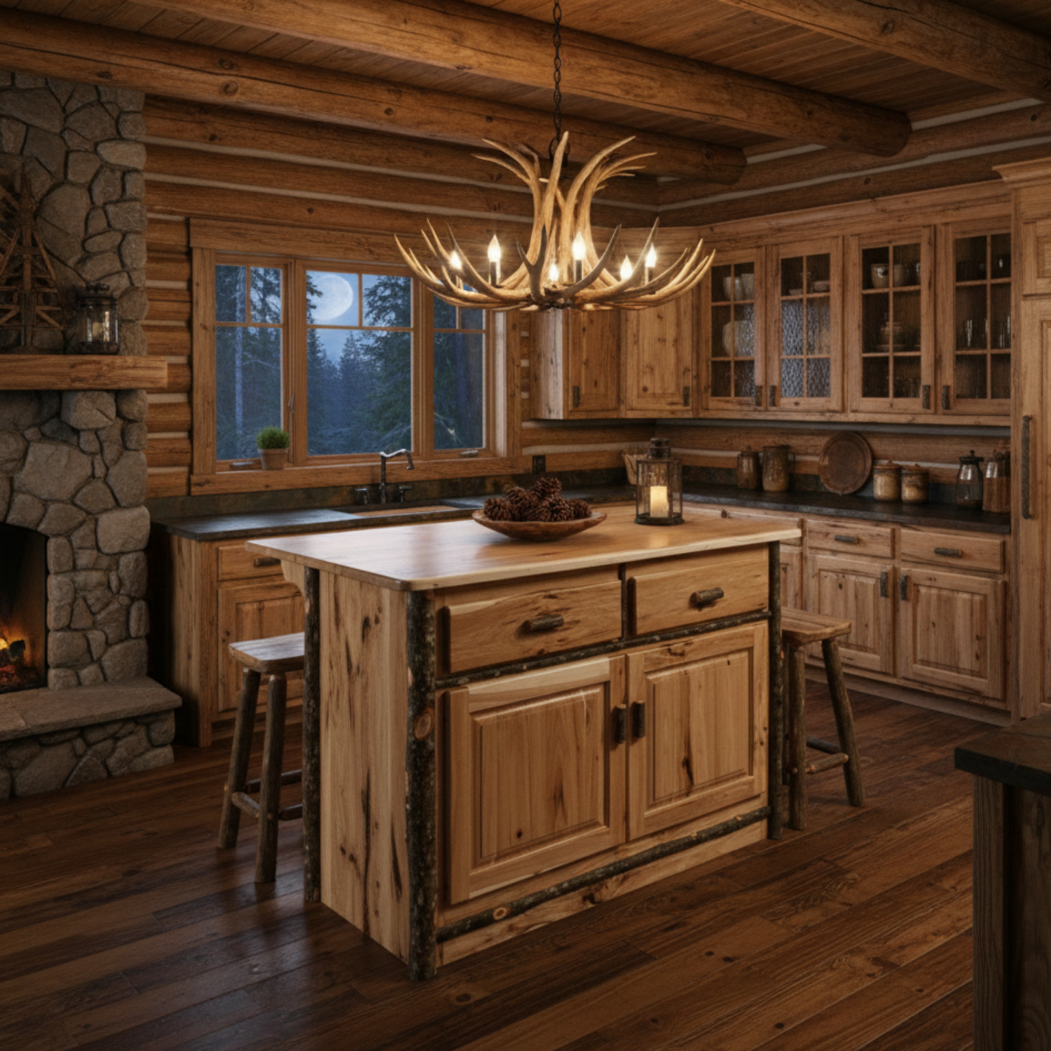 hickory island with bark trim and stools with underneath storage