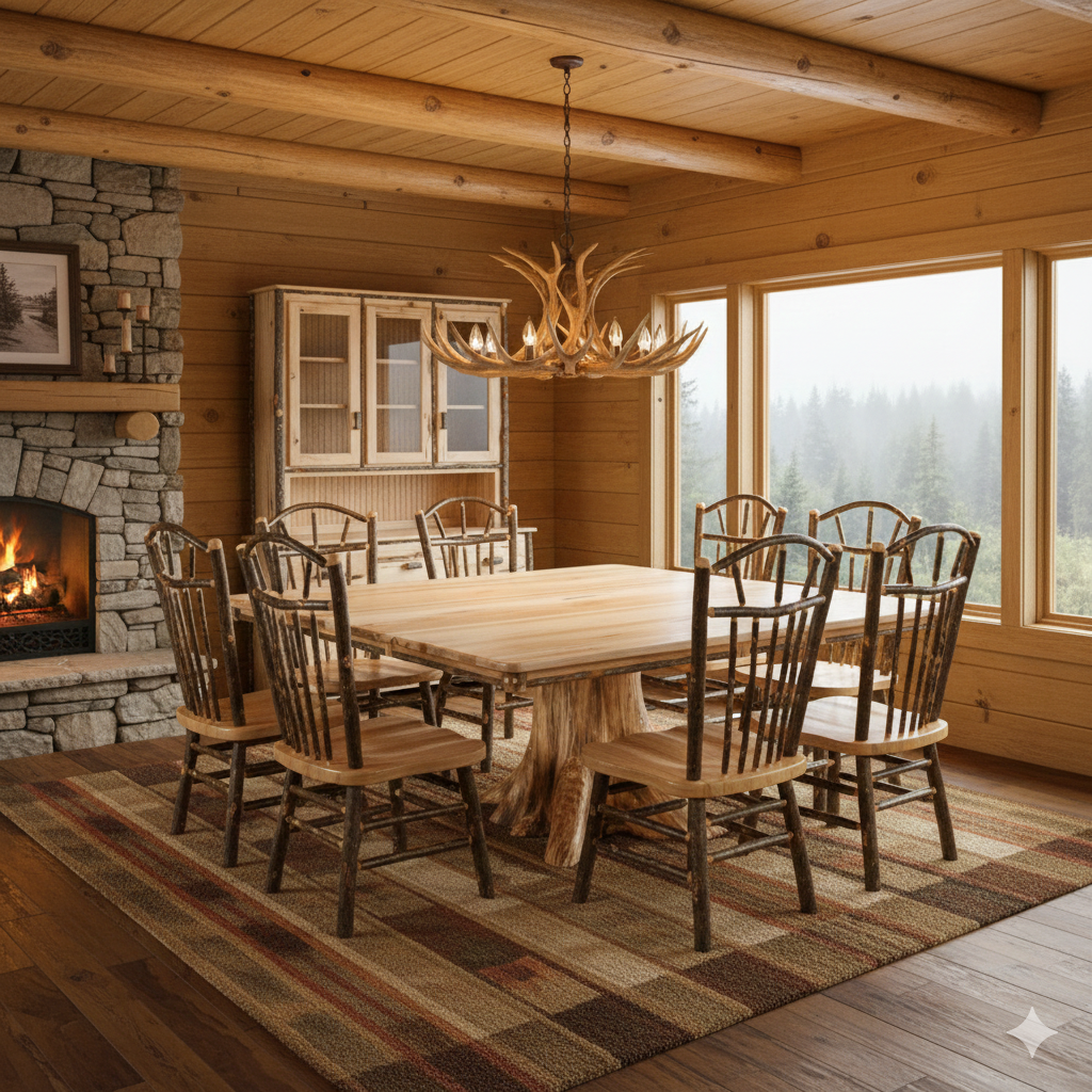hickory dining set in a rustic home