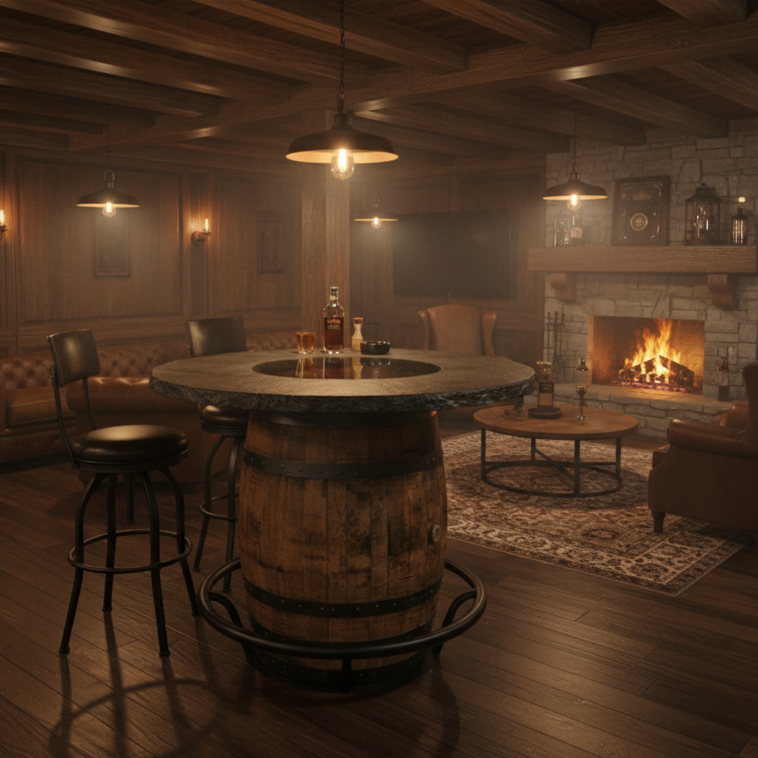 whiskey barrel table with concrete top and metal foot ring