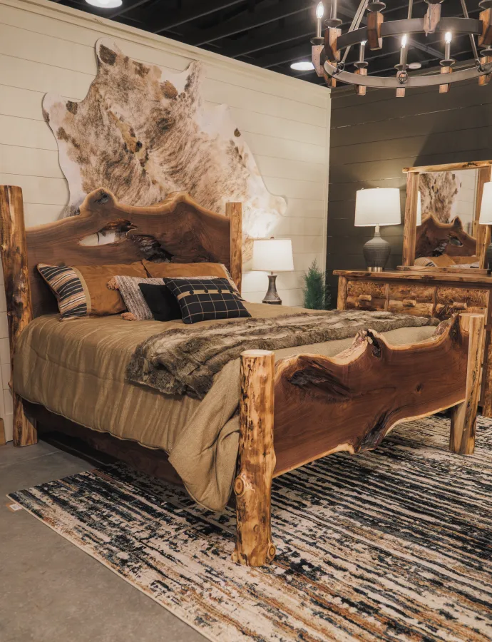 live edge slab king bedroom set made of black walnut and Colorado aspen