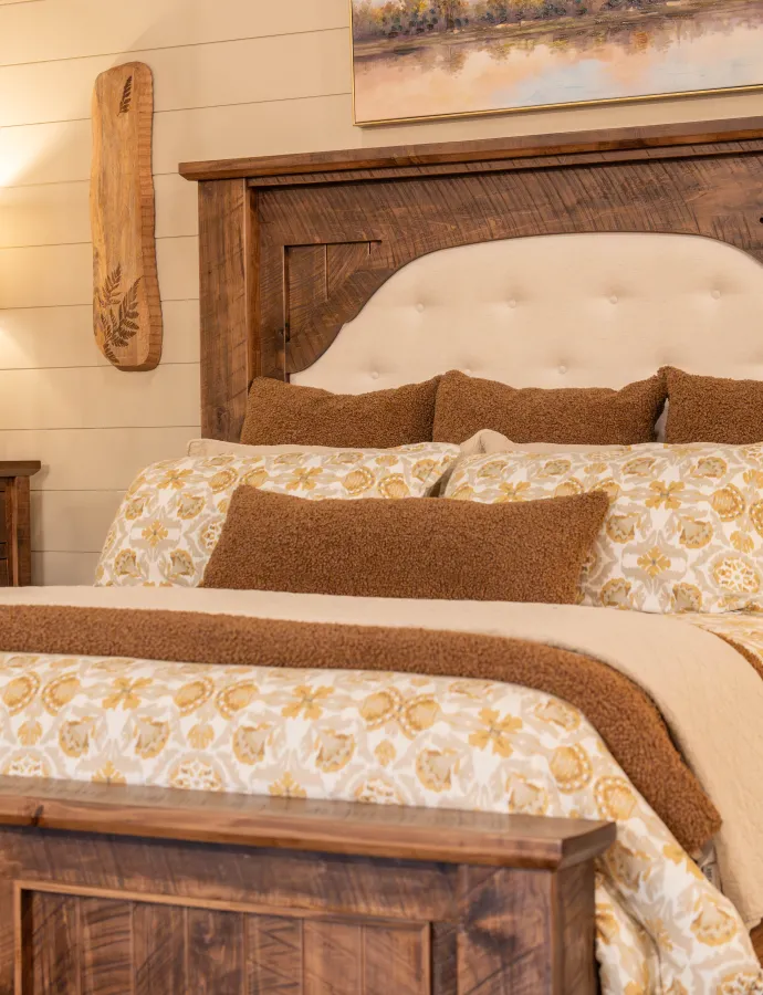 grand king bed with fabric panel headboard
