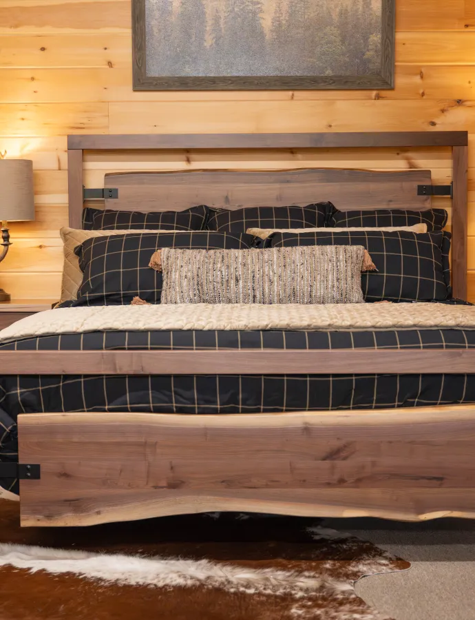 live edge slab bed with mountain modern design