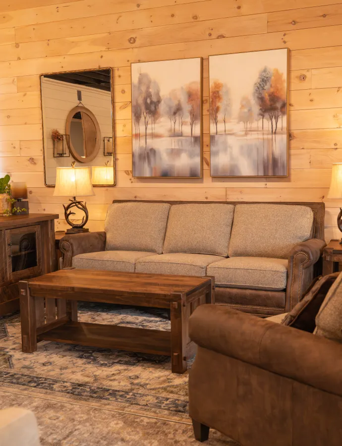 custom sofa with fabric seats and leather back and arms with nailheads